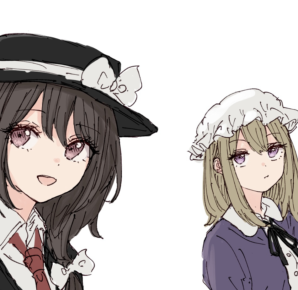 kashiwada kiiho, maribel hearn, usami renko, touhou, commentary, 2girls, black capelet, black hat, black ribbon, blonde hair, bow, brown hair, buttons, capelet, closed mouth, collared shirt, contrast collar, hair between eyes, hair bow, hat, hat bow, looking at viewer, medium hair, mob cap, multiple girls, purple eyes, purple shirt, red eyes, ribbon, shirt, shirt ribbon, teeth, upper teeth only, white background, white bow, white hat, white shirt