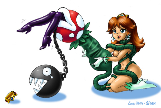 ayvuir-blue, shax, chain chomp, piranha plant, princess daisy, princess peach, nintendo, super mario bros. 1, lee, 2girls, :p, blue eyes, boots, breasts, brown hair, crown, earrings, entangled, food, gloves, ham, hat, high heels, jewelry, long hair, multiple girls, nipples, nude, peril, plant, princess, shoes, sitting, tears, tentacles, thigh boots, thighhighs, tongue, vore