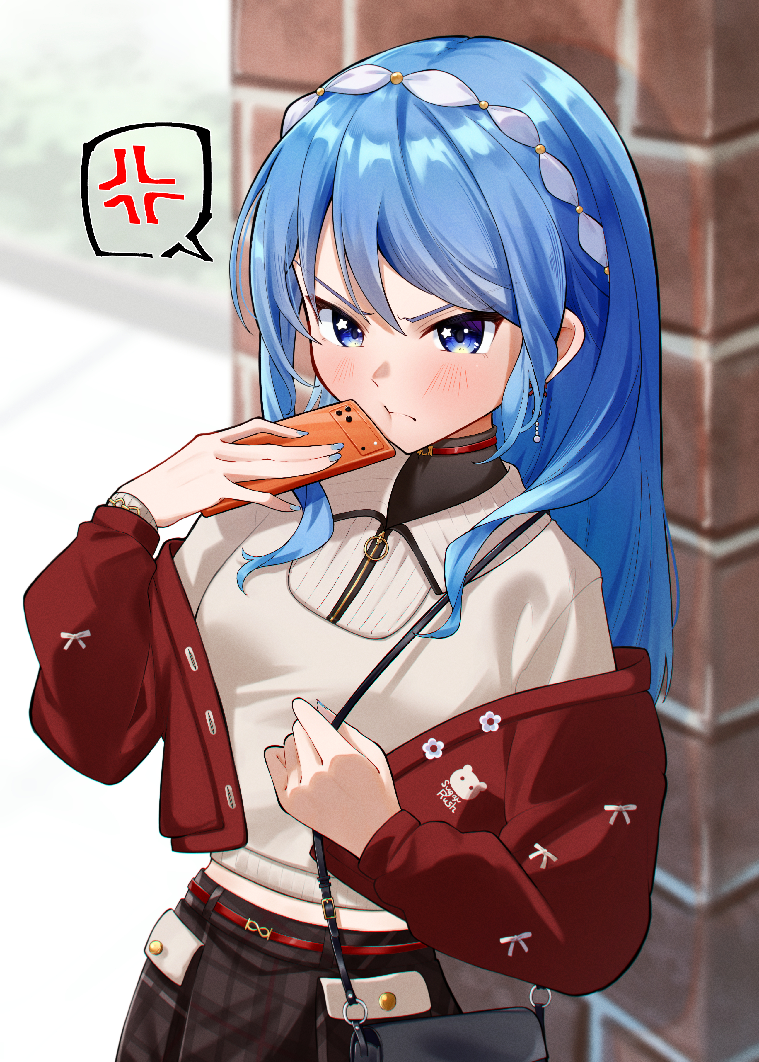azumi illust, hoshimachi suisei, hoshimachi suisei (micomet), hololive, absurdres, commentary request, highres, 1girl, anger vein, black bag, blue eyes, blue hair, blue nails, brown shirt, brown skirt, cellphone, closed mouth, collarbone, hairband, holding, holding phone, jacket, long hair, looking at viewer, midriff peek, phone, plaid clothes, plaid skirt, pout, red jacket, shirt, skirt, smartphone, solo, spoken anger vein, standing, swept bangs, upper body, v-shaped eyebrows, virtual youtuber, white hairband
