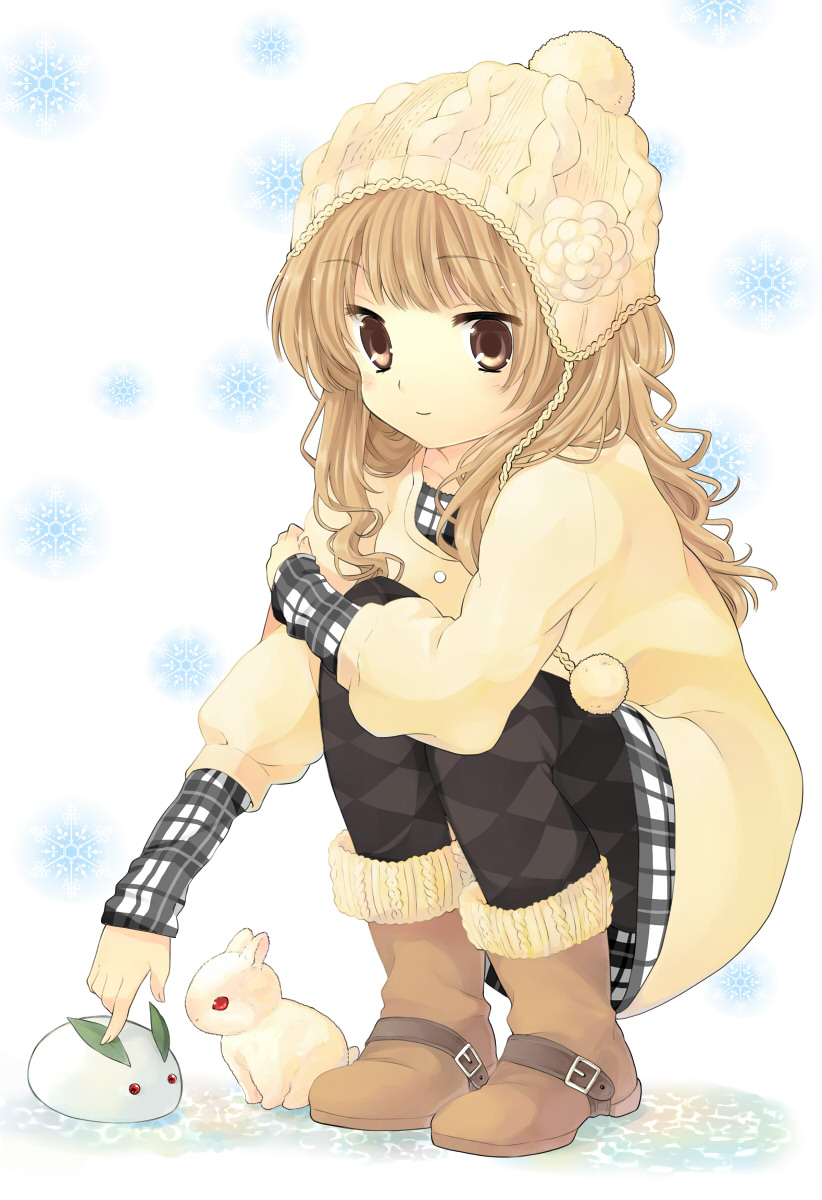 hanabana tsubomi, original, plaid, highres, 1girl, argyle clothes, argyle pantyhose, blonde hair, boots, brown eyes, coat, female focus, full body, hat, knit cap, long hair, pantyhose, patterned legwear, rabbit, snow rabbit, solo, squatting, white background, winter clothes