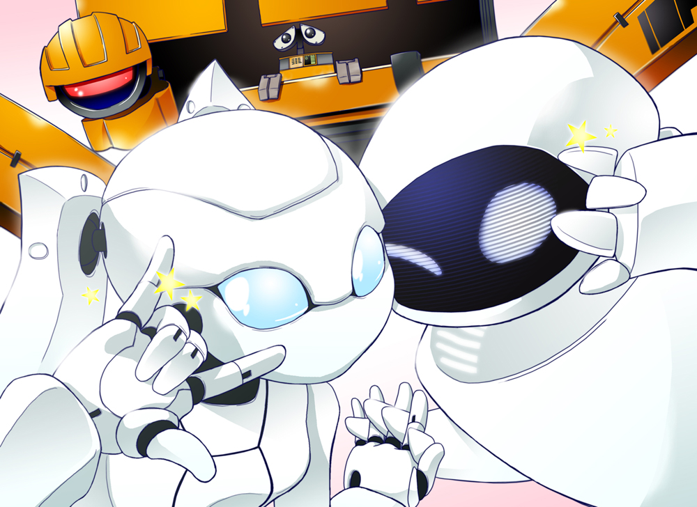 kaeru ace, drossel von flugel, eve (wall-e), gedachtnis, wall-e (character), disney, fireball (series), pixar, wall-e, blue eyes, crossover, glowing, glowing eyes, humanoid robot, joints, mechanical hair, no humans, no mouth, no nose, non-humanoid robot, one eye closed, robot, robot girl, robot joints, twintails