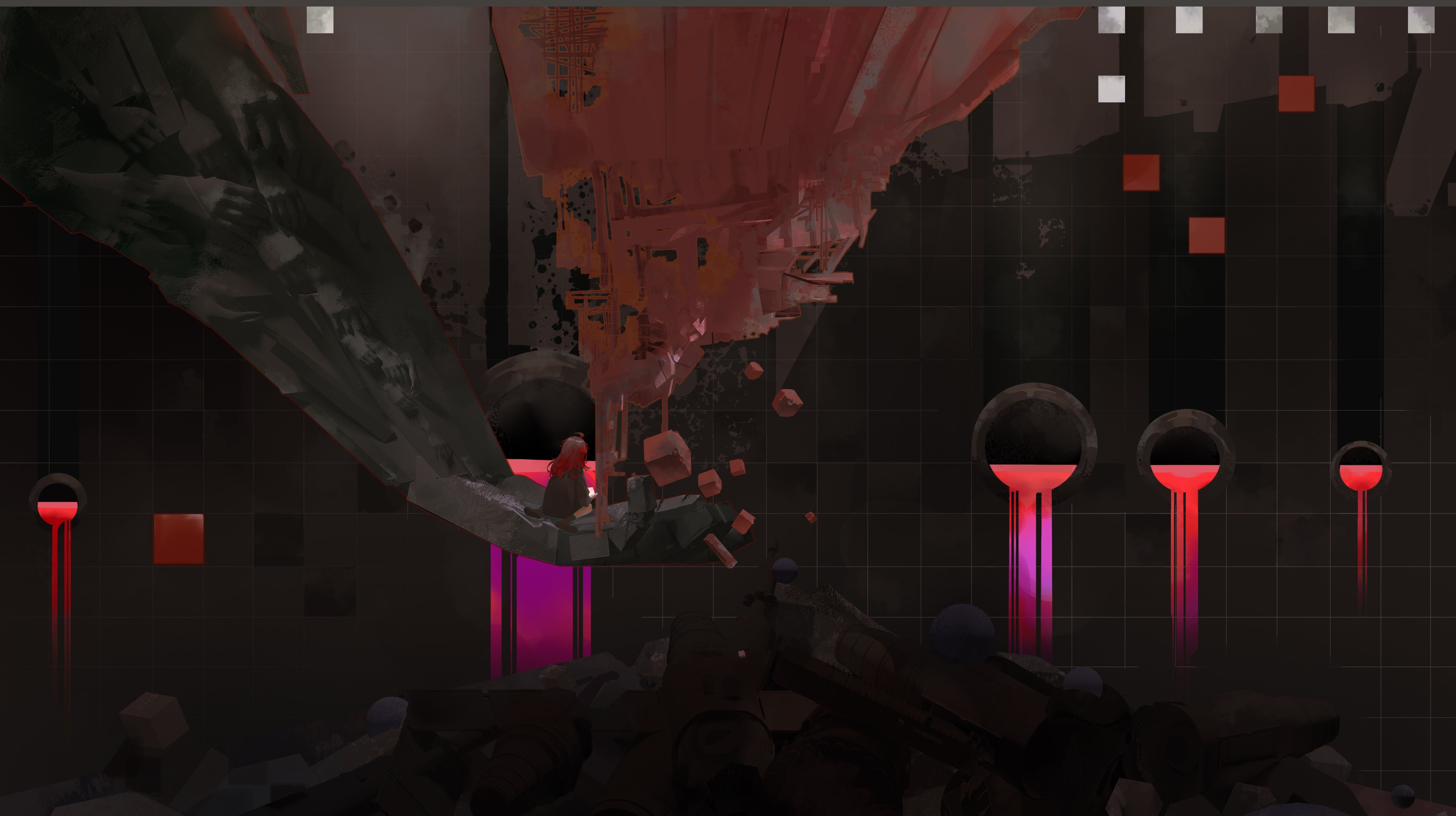 heren, evil neuro-sama, neuro-sama, absurdres, commentary, english commentary, highres, 1girl, ahoge, black cardigan, brown hair, cardigan, from behind, full body, hair ribbon, liquid, long hair, long sleeves, red ribbon, ribbon, ruins, sewer, sitting, solo, vedal ai, virtual youtuber, wariza, wide shot