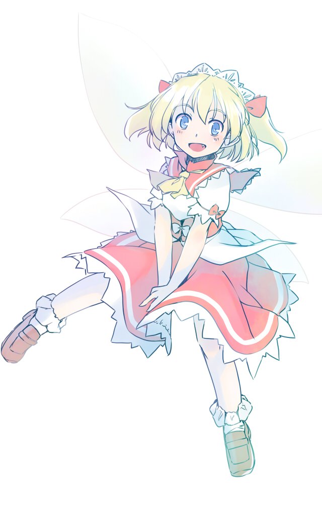 rangycrow, sunny milk, touhou, commentary request, 1girl, :d, ascot, blonde hair, blue eyes, blush, brown shoes, collar, fairy, fairy wings, fang, frilled skirt, frills, full body, hair ribbon, headdress, one-hour drawing challenge, open mouth, pointy ears, puffy short sleeves, puffy sleeves, red collar, red ribbon, red sash, red skirt, ribbon, sash, shirt, shoes, short sleeves, skirt, smile, socks, solo, twintails, white background, white shirt, white socks, wings, yellow ascot