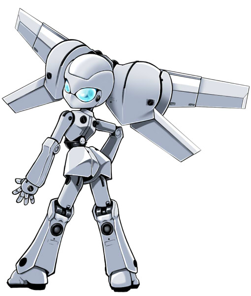 santoo takeshi, drossel von flugel, fireball (series), 1girl, blue eyes, glowing, glowing eyes, hand on own hip, humanoid robot, joints, looking back, mecha musume, mechanical hair, mechanical wings, no humans, no mouth, no nose, robot, robot girl, robot joints, white background, white theme, wings