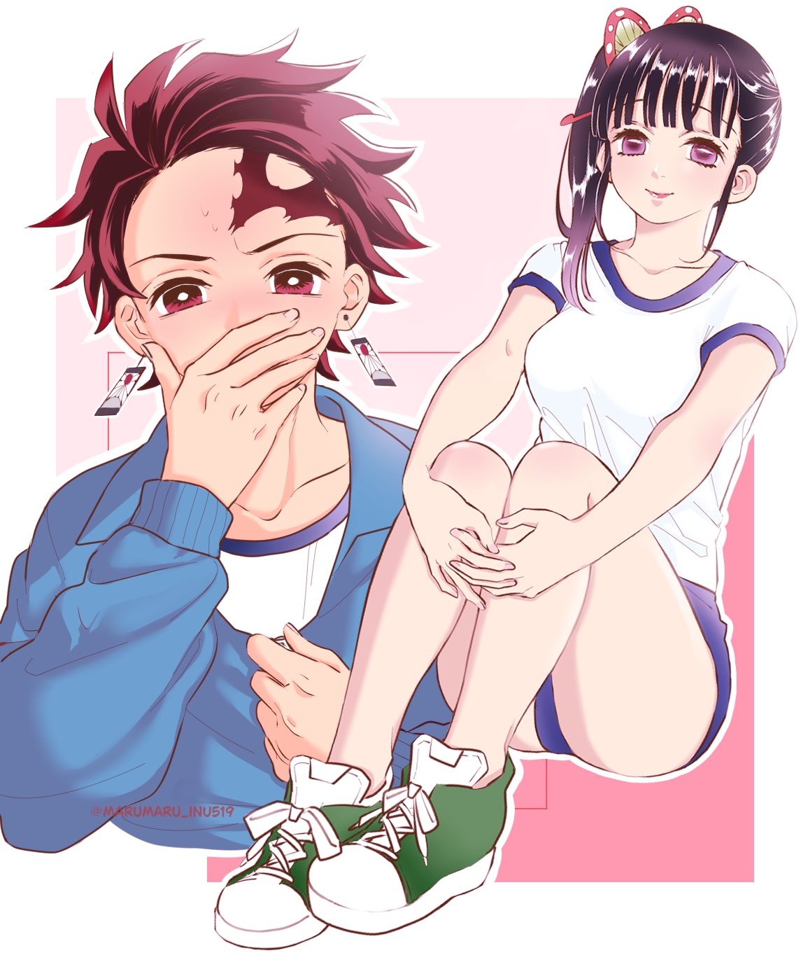 kamado tanjirou, tsuyuri kanao, kimetsu no yaiba, highres, 1boy, 1girl, black hair, bloomers, blue jacket, blue shorts, blush, border, breasts, butterfly hair ornament, covering own mouth, earrings, full body, green shoes, gym uniform, hair ornament, hanafuda earrings, hand over own mouth, hugging own legs, jacket, jewelry, light smile, long hair, medium breasts, pink background, purple eyes, red eyes, red hair, scar, scar on face, scar on forehead, shippo (marumaru inu519), shirt, shoes, short hair, shorts, side ponytail, sneakers, sweatdrop, underwear, upper body, white border, white shirt
