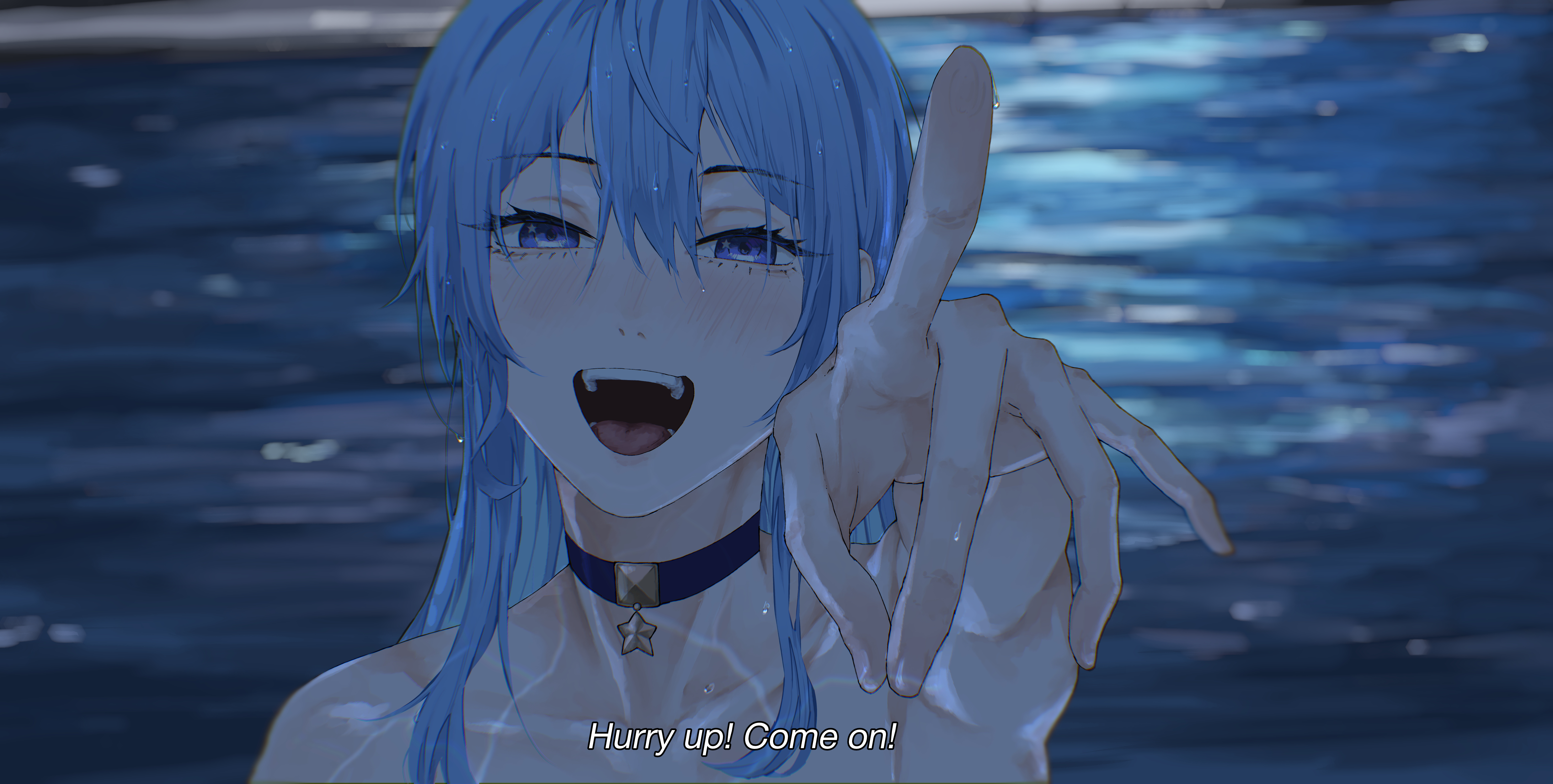 kizuru09, hoshimachi suisei, hololive, absurdres, highres, 1girl, :d, blue choker, blue eyes, blue hair, blurry, blurry background, blush, choker, collar, english text, hair between eyes, long hair, looking at viewer, open mouth, pointing, pointing at viewer, pool, smile, solo, star (symbol), star choker, star in eye, symbol in eye, teeth, upper body, virtual youtuber, water, wet, wet hair