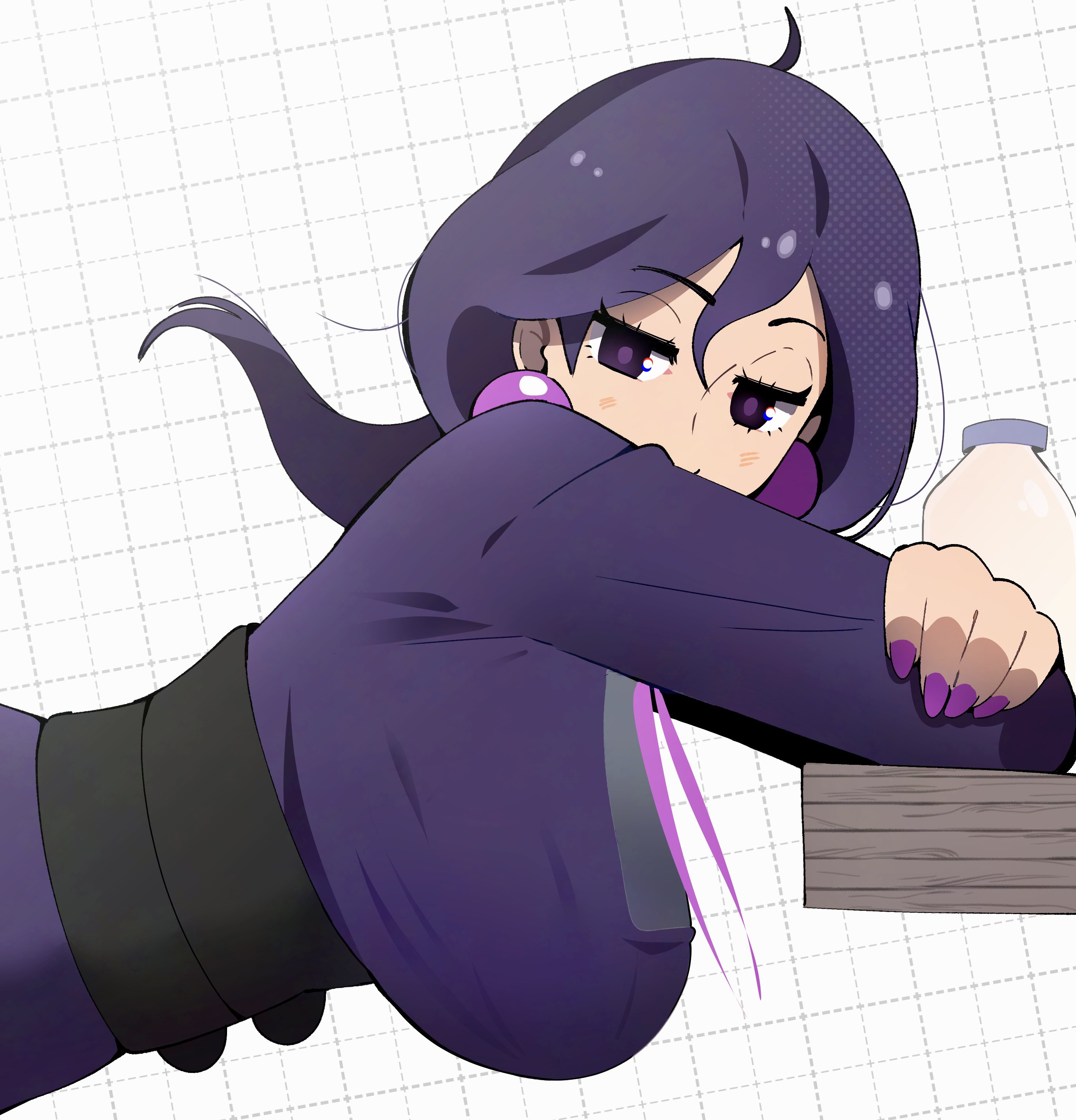 gjh, hex maniac (pokemon), hex maniac (pokemon legends: z-a), nintendo, pokemon, pokemon legends: z-a, absurdres, commentary, english commentary, highres, 1girl, ahoge, alternate breast size (larger), bottle, breasts, crossed arms, dress, earrings, hair between eyes, jewelry, large breasts, leaning forward, leaning on table, long hair, looking at viewer, milk bottle, moomoo milk, purple dress, purple eyes, simple background, solo, sphere earrings