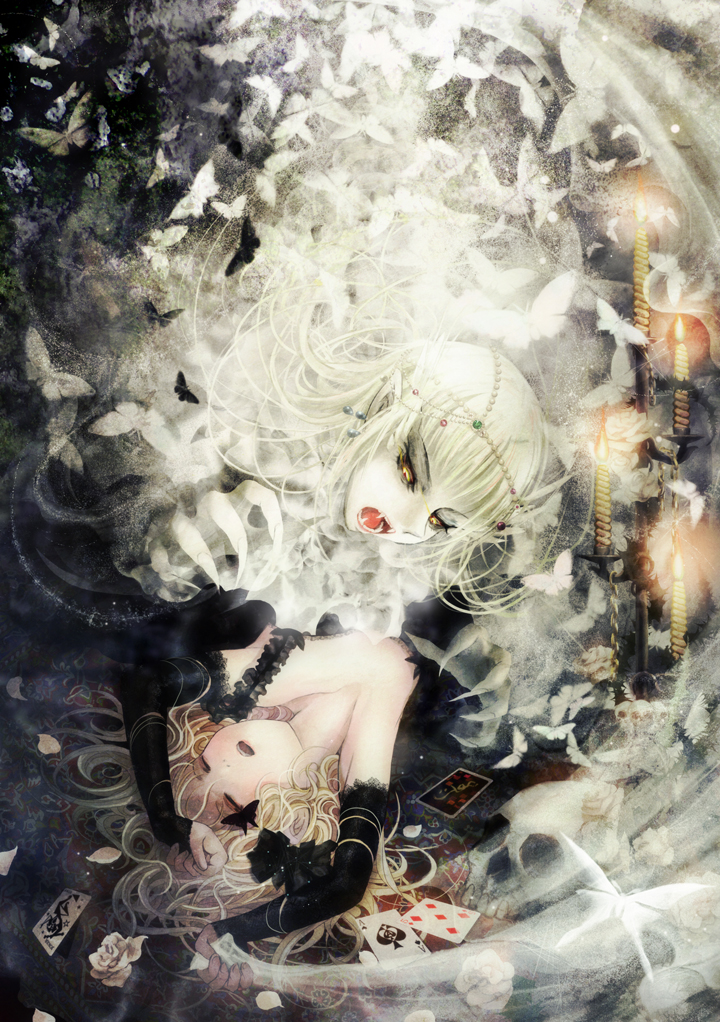 funakura, 2girls, abstract, artistic error, bug, butterfly, candle, card, elbow gloves, gloves, insect, multiple girls, sleeping, vampire