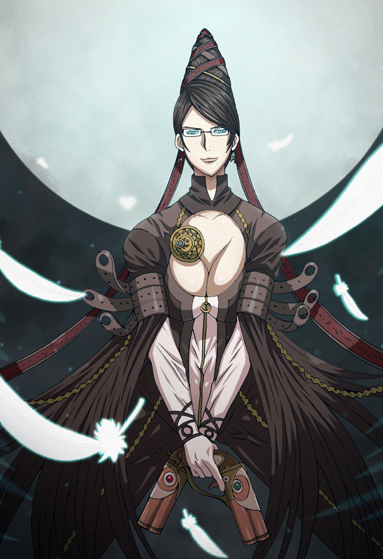 fuji autumn, bayonetta, bayonetta (series), black hair, blue eyes, bodysuit, breasts, cleavage, cleavage cutout, clothing cutout, earrings, feathers, glasses, gun, hair bun, jewelry, long hair, mole, red ribbon, ribbon, single hair bun, very long hair, weapon