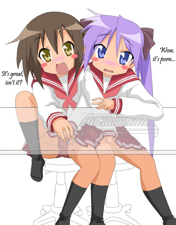 hiiragi kagami, kusakabe misao, lucky star, hard-translated, third-party edit, translated, 00s, 2girls, blue eyes, blush, brown hair, feet, female focus, fingering, flat chest, long hair, multiple girls, mutual masturbation, open mouth, panties, pantyshot, purple hair, school uniform, short hair, sitting, skirt, smile, socks, through panties, twintails, underwear, yellow eyes, yuri
