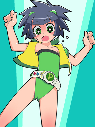 matsubara kaoru, powered buttercup, powerpuff girls, powerpuff girls z, eyebrows, lowres, 00s, 1girl, black hair, blush, female focus, green eyes, legs, loli, open mouth, short hair, solo, sweat, tongue