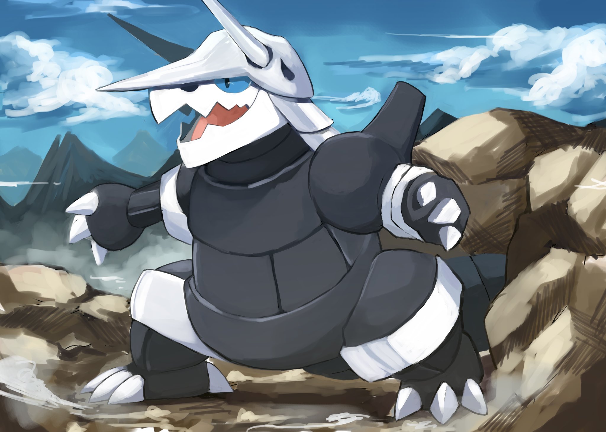kou11021301, aggron, nintendo, pokemon, highres, blue eyes, blue sclera, claws, cloud, colored sclera, fangs, gen 3 pokemon, horns, no humans, open mouth, outdoors, pokemon (creature), pokemon focus, skin fangs, sky, tail