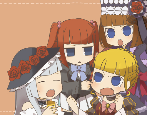 plus-minus, beatrice (umineko), eva beatrice, ushiromiya ange, virgilia (umineko), umineko no naku koro ni, silver hair, bad id, bad pixiv id, lowres, 00s, blonde hair, blue eyes, bow, brown hair, chibi, choker, dress, fang, flower, frills, hair bobbles, hair ornament, hat, hime cut, orange hair, red hair, rose, skirt, sweatdrop, teardrop