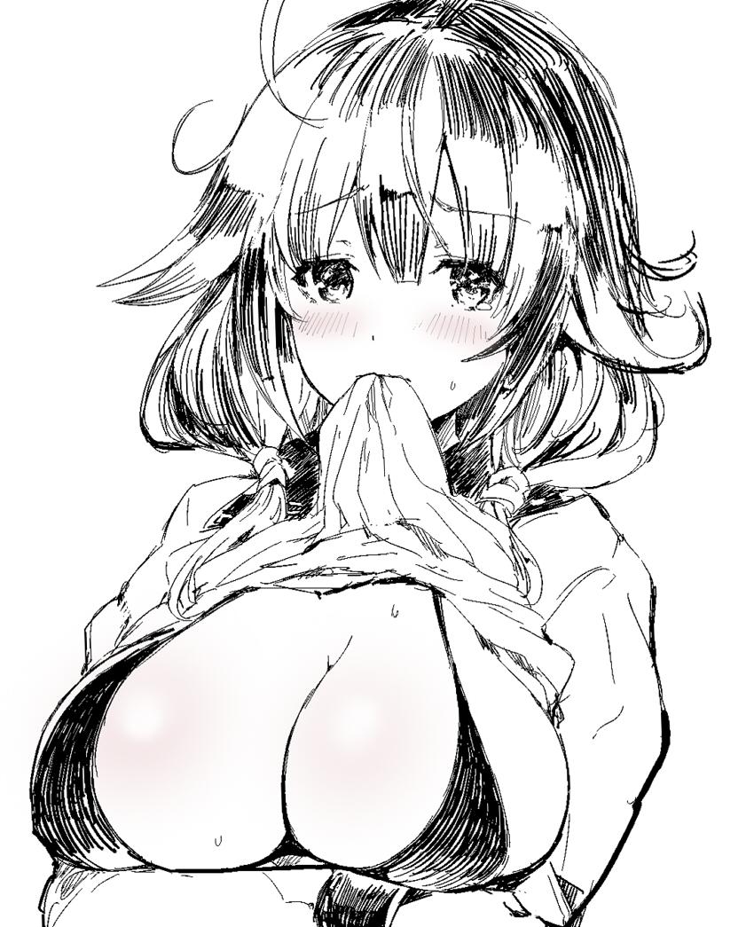 sumisu (mondo), taigei (kancolle), kantai collection, commentary request, 1girl, ahoge, arm under breasts, bikini, blush, breasts, cleavage, clothes lift, greyscale, hair between eyes, hair flaps, jaggy lines, large breasts, lifting own clothes, looking at viewer, low twintails, monochrome, mouth hold, shirt lift, simple background, solo, spot color, sweat, swimsuit, twintails, upper body