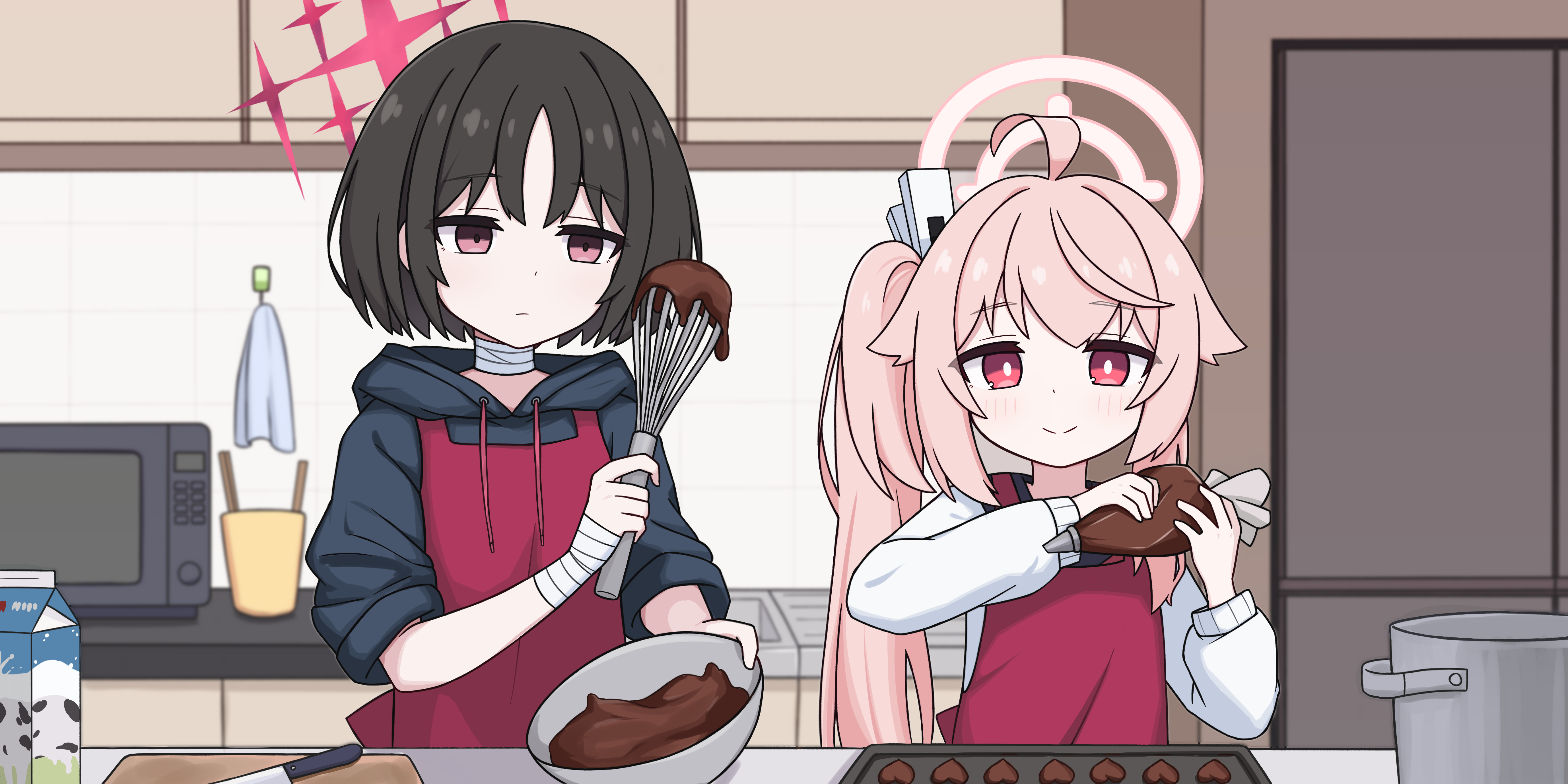 zddma20, misaki (blue archive), natsu (blue archive), blue archive, absurdres, commentary request, highres, 2girls, ahoge, apron, baking, baking sheet, bandaged neck, bandaged wrist, bandages, bowl, bright pupils, brown hair, cardigan, chocolate, closed mouth, cooking pot, counter, drink carton, expressionless, halo, holding, holding bowl, holding pastry bag, holding whisk, indoors, kitchen, long hair, long sleeves, microwave, milk, milk carton, multiple girls, pastry bag, pink hair, pink halo, red apron, red eyes, red halo, short hair, side ponytail, sleeves rolled up, smile, solo, whisk, white cardigan, white pupils