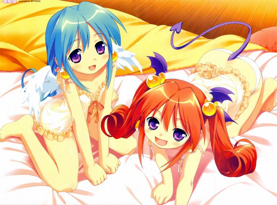 mizuki kotora, suzushiro honoka, suzushiro yukina, niizuma capriccio!, 2girls, all fours, angel, angel wings, barefoot, bed, blue hair, blush, demon, demon girl, demon tail, demon wings, fang, feet, hair bobbles, hair ornament, head wings, indoors, kneeling, loli, long hair, looking at viewer, multiple girls, open mouth, panties, purple eyes, red hair, short hair, sitting, smile, tail, underwear, underwear only, wariza, white panties, wings, wooden floor