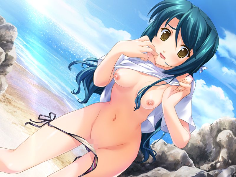 shinohara hanako, nekoneko soft, sorairo, game cg, 1girl, beach, bikini, blue hair, blush, breasts, censored, clothes lift, cloud, dutch angle, female focus, leaning forward, lifting own clothes, long hair, looking at viewer, medium breasts, mosaic censoring, ocean, outdoors, pussy, shirt, shirt lift, side-tie bikini bottom, sky, solo, swimsuit, t-shirt, untied bikini, yellow eyes