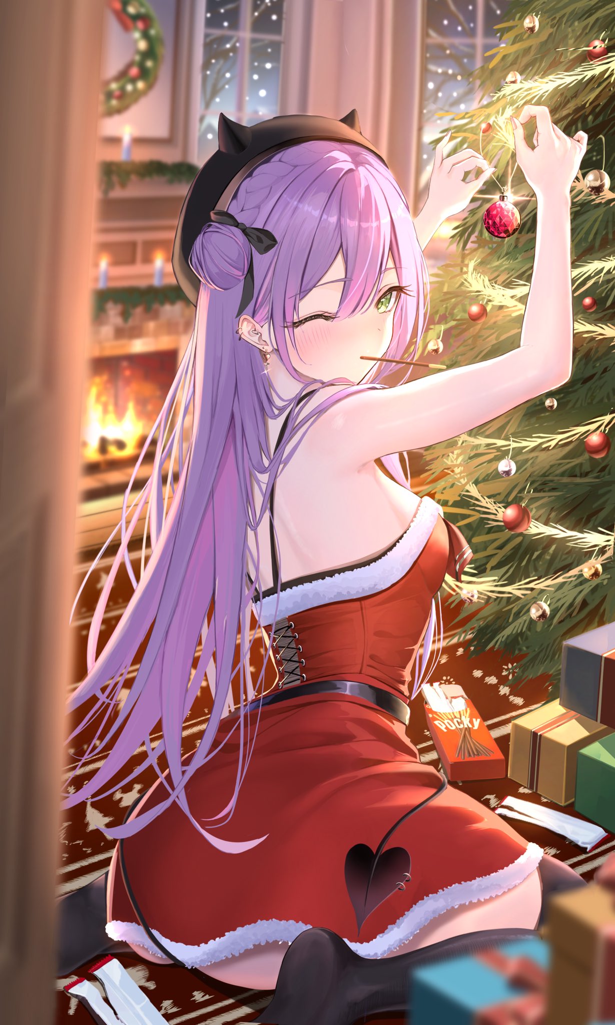 tsukkun (ged45uokqjyex7p), tokoyami towa, hololive, highres, 1girl, alternate costume, beret, black hat, box, breasts, christmas, christmas tree, demon girl, demon tail, dress, fireplace, food, food in mouth, fur-trimmed dress, fur trim, gift, gift box, gradient hair, green eyes, hair bun, hat, indoors, long hair, looking at viewer, multicolored hair, official alternate hairstyle, one eye closed, piercing, pink hair, pocky, pocky in mouth, pointy ears, purple hair, red dress, santa costume, santa dress, short dress, single side bun, sitting, small breasts, solo, tail, tail ornament, tail piercing, virtual youtuber