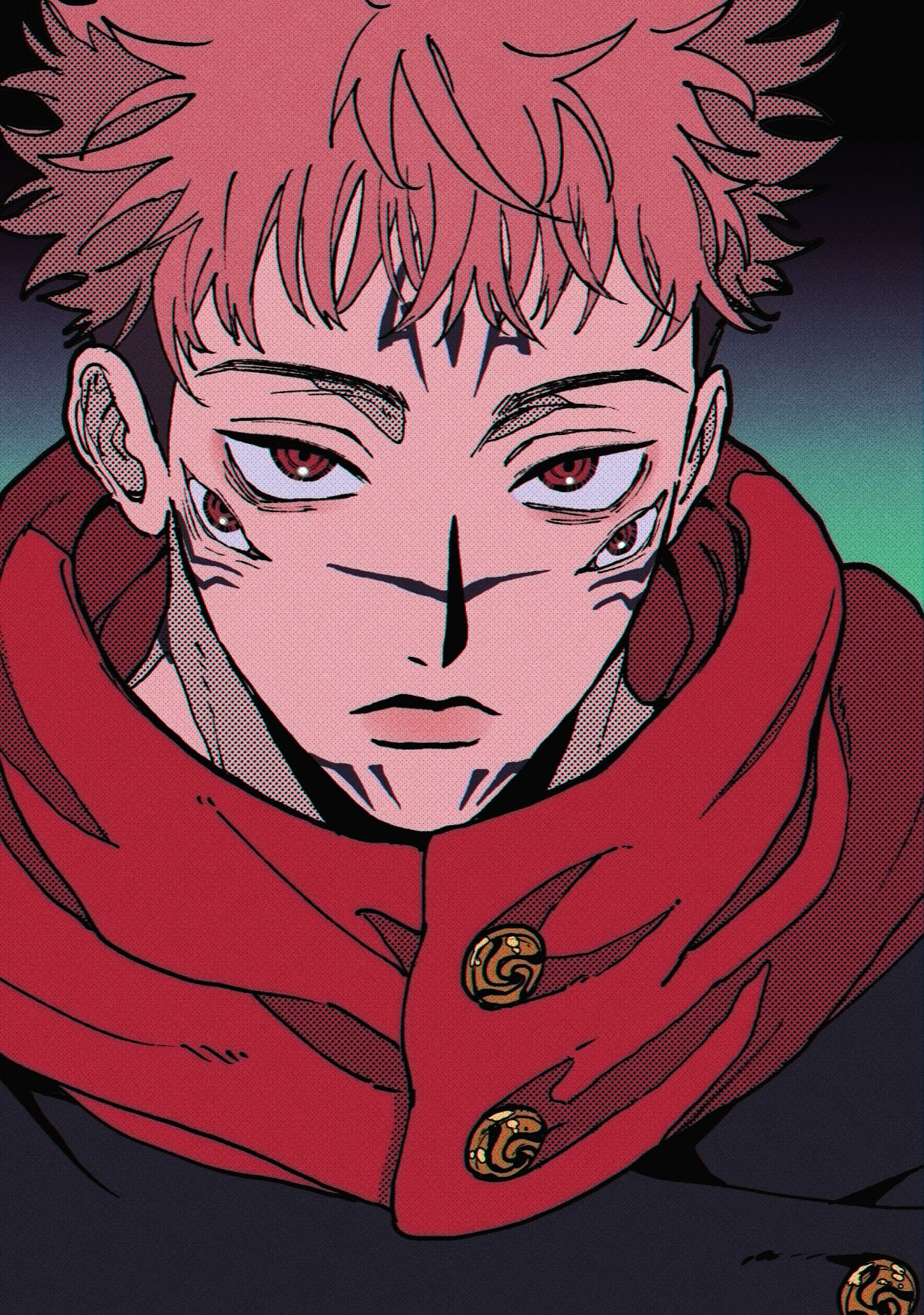 misejyuk, ryoumen sukuna (jujutsu kaisen), jujutsu kaisen, highres, 1boy, black hair, black jacket, closed mouth, extra eyes, facial mark, forehead mark, gold buttons, jacket, jujutsu tech uniform, looking at viewer, male focus, multicolored hair, pink hair, red eyes, short hair, simple background, solo, two-tone hair, upper body