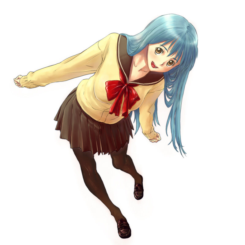 aitatata!, twunderu, original, 1girl, aqua hair, blue hair, brown eyes, contrapposto, female focus, legs, long hair, looking at viewer, open mouth, pantyhose, ribbon, school uniform, shoes, skirt, solo, standing