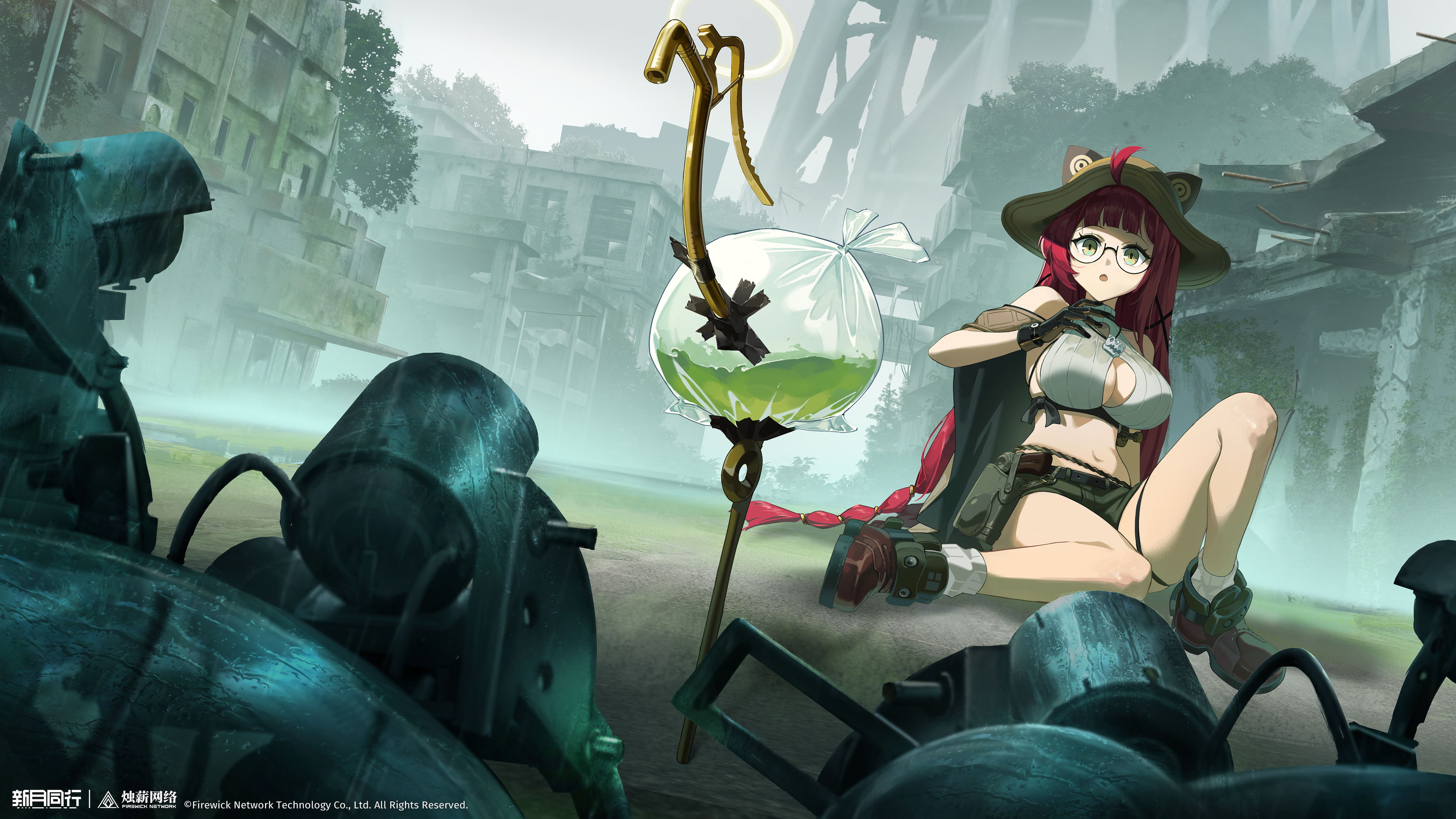 xinyue tongxing, absurdres, highres, official art, official wallpaper, 1girl, :o, abandoned, ahoge, animal ear headwear, ankle boots, bag, bare shoulders, black gloves, boots, breasts, brown cape, brown hat, brown shorts, building, cape, cleavage, cleavage cutout, clothing cutout, copyright name, copyright notice, cropped shirt, dilapidated, dutch angle, fake animal ears, fanghuo (xinyue tongxing), full body, glasses, gloves, grey sky, hat, large breasts, logo, long hair, looking at viewer, navel, on ground, outdoors, overgrown, plant, plastic bag, red boots, red hair, ruins, shirt, shorts, side cape, sitting, sky, sleeveless, sleeveless shirt, socks, solo, stomach, very long hair, vines, white shirt, white socks, yellow eyes