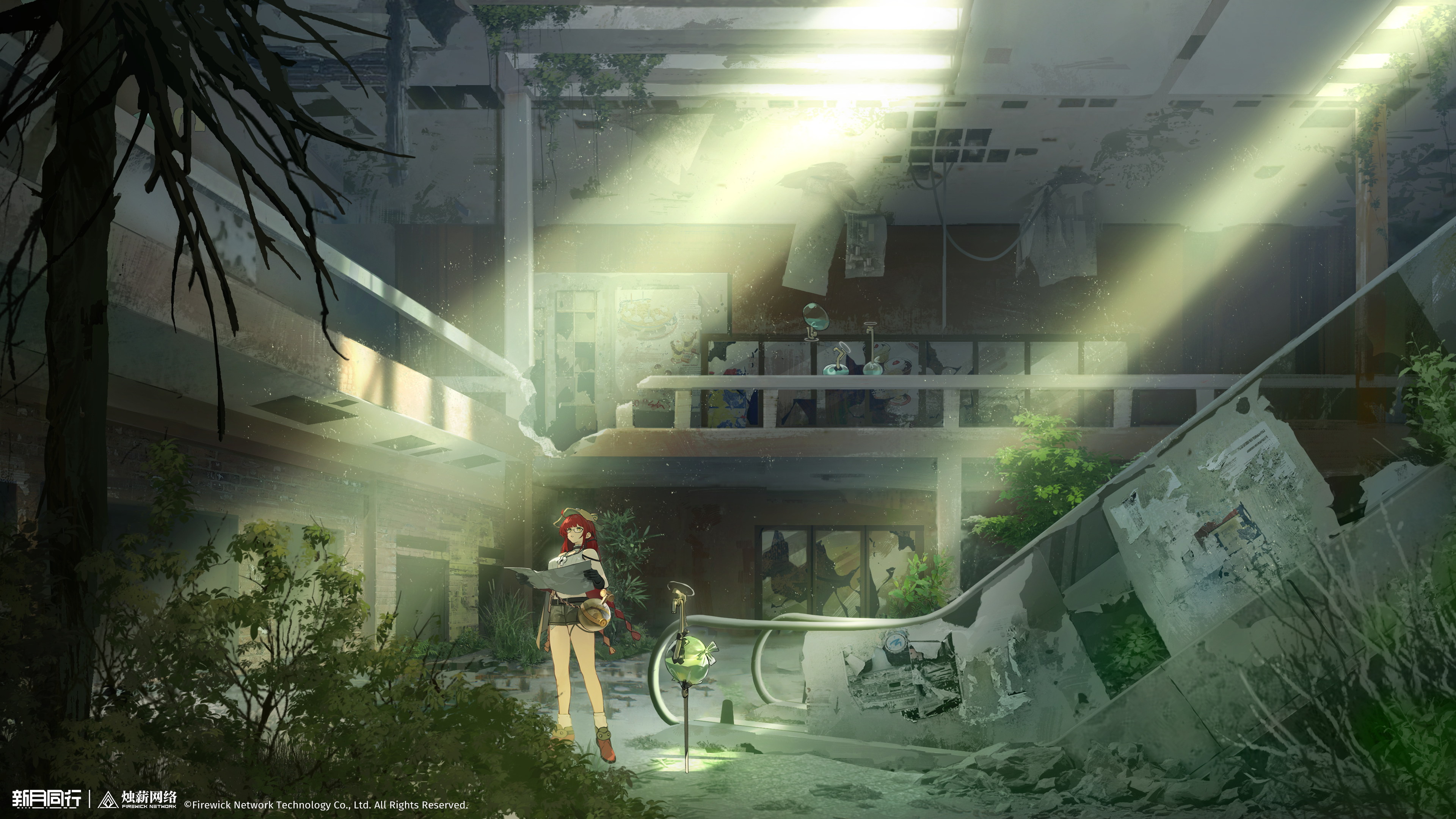 xinyue tongxing, absurdres, highres, official art, official wallpaper, 1girl, abandoned, ahoge, animal ear headwear, ankle boots, bare shoulders, black gloves, boots, brown cape, brown hat, brown shorts, bush, cape, copyright name, copyright notice, cropped shirt, escalator, fake animal ears, fanghuo (xinyue tongxing), glasses, gloves, hat, indoors, light rays, logo, long hair, looking up, overgrown, plant, railing, red boots, red hair, scenery, shirt, shorts, side cape, sleeveless, sleeveless shirt, socks, solo, standing, sunbeam, sunlight, tree, very long hair, vines, white shirt, white socks, wide shot, yellow eyes