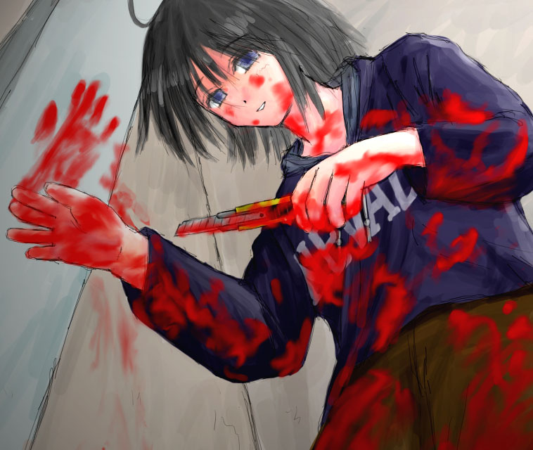 nevada-tan, artist request, black hair, blood, blue eyes, boxcutter, hood, hooded jacket, jacket, yandere