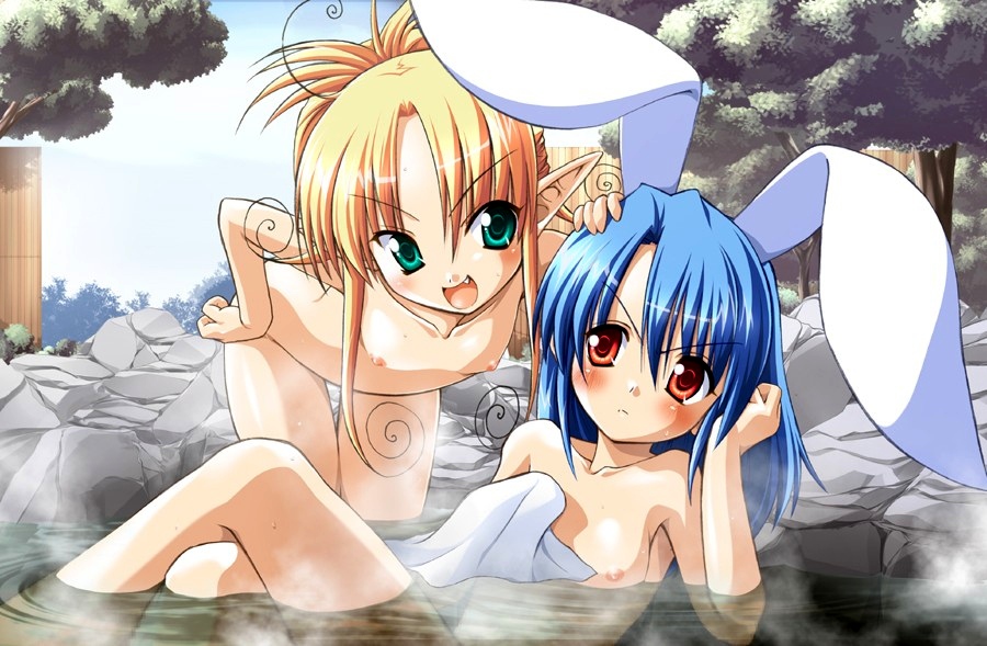 2girls, animal ears, bath, blush, flat chest, loli, multiple girls, nude, pointy ears, rabbit ears, smile, water