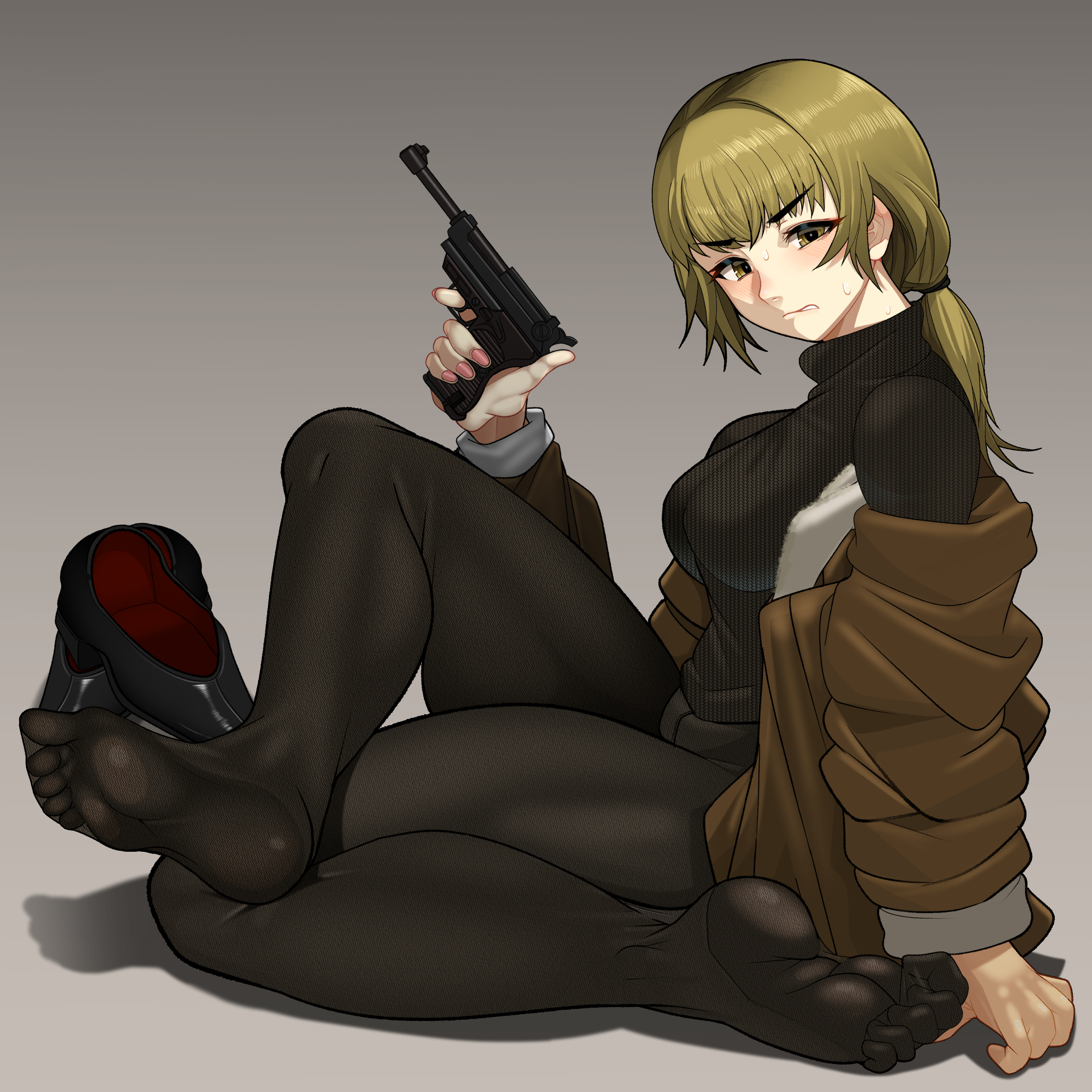 minami no uo-za, karin (fear & hunger), fear & hunger (series), fear & hunger 2: termina, walther, absurdres, commentary request, highres, large variant set, revision, variant set, 1girl, black pantyhose, black shoes, black sweater, blonde hair, bomber jacket, breasts, brown jacket, clenched teeth, feet, finger on trigger, from side, full body, gradient background, grey background, gun, hair tie, handgun, holding, holding gun, holding weapon, jacket, large breasts, looking at viewer, no pants, no shoes, off shoulder, open clothes, open jacket, pantyhose, ponytail, shoes, sitting, soles, solo, sweater, teeth, toes, unworn shoes, walther p38, weapon, yellow eyes