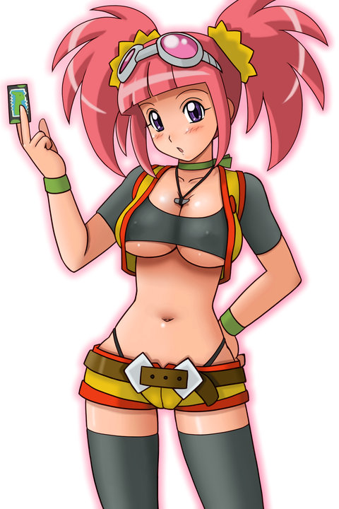 tsumitani daisuke, tatsuno malm, climax entertainment, dinosaur king, sega, 00s, blush, breasts, cleavage, jewelry, necklace, nipples, short shorts, shorts, solo, thighhighs, thong, whale tail (clothing)
