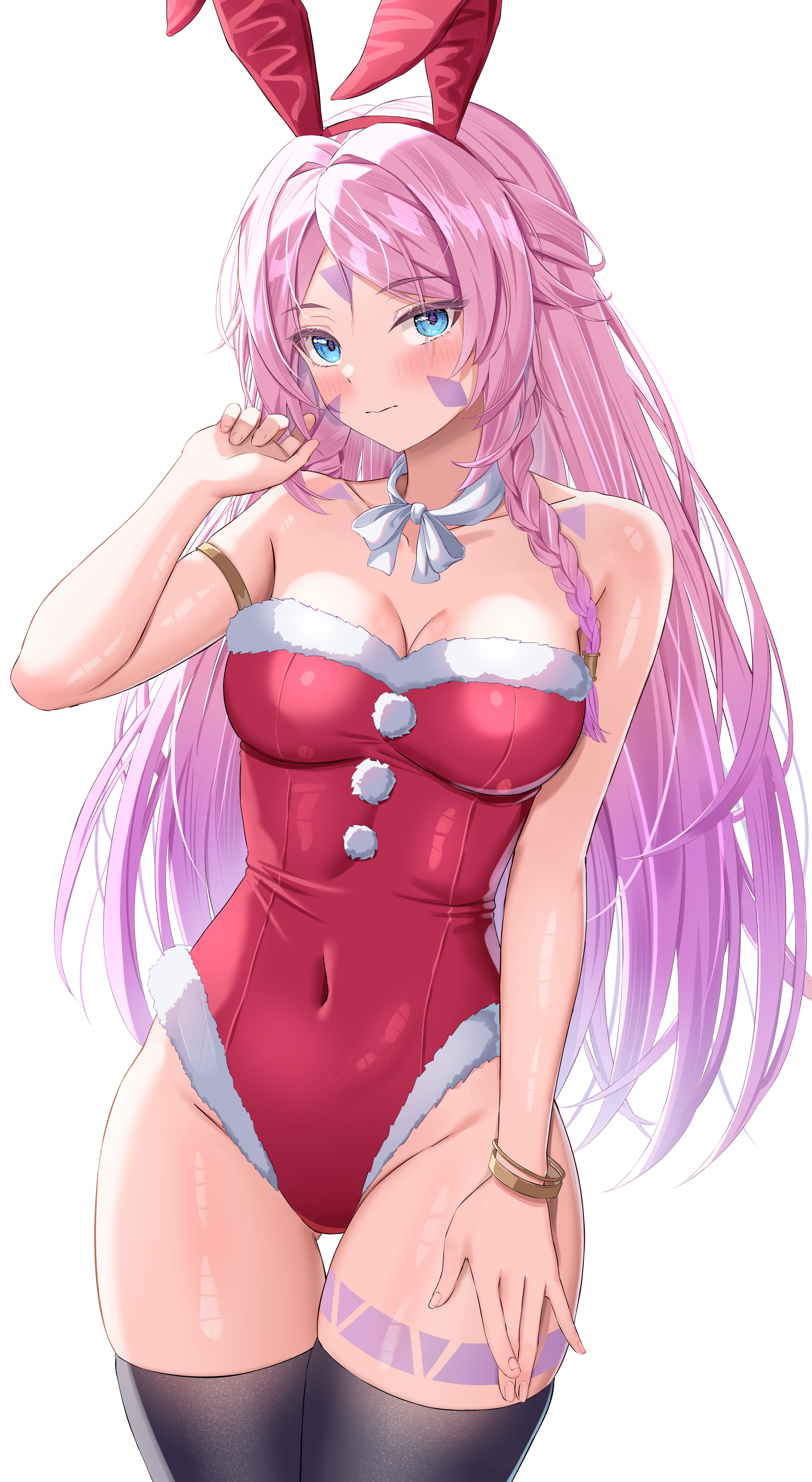dokimaru, citlali (genshin impact), genshin impact, absurdres, commentary request, highres, 1girl, alternate costume, animal ear hairband, animal ears, bare shoulders, black thighhighs, blue eyes, blush, bracelet, braid, breasts, cleavage, closed mouth, collarbone, facial mark, fake animal ears, fingernails, forehead mark, fur-trimmed leotard, fur trim, hairband, hand up, jewelry, leotard, long hair, looking at viewer, medium breasts, multicolored hair, pink hair, playboy bunny, purple hair, rabbit ears, red hairband, red leotard, simple background, solo, strapless, strapless leotard, thigh gap, thighhighs, very long hair, white background