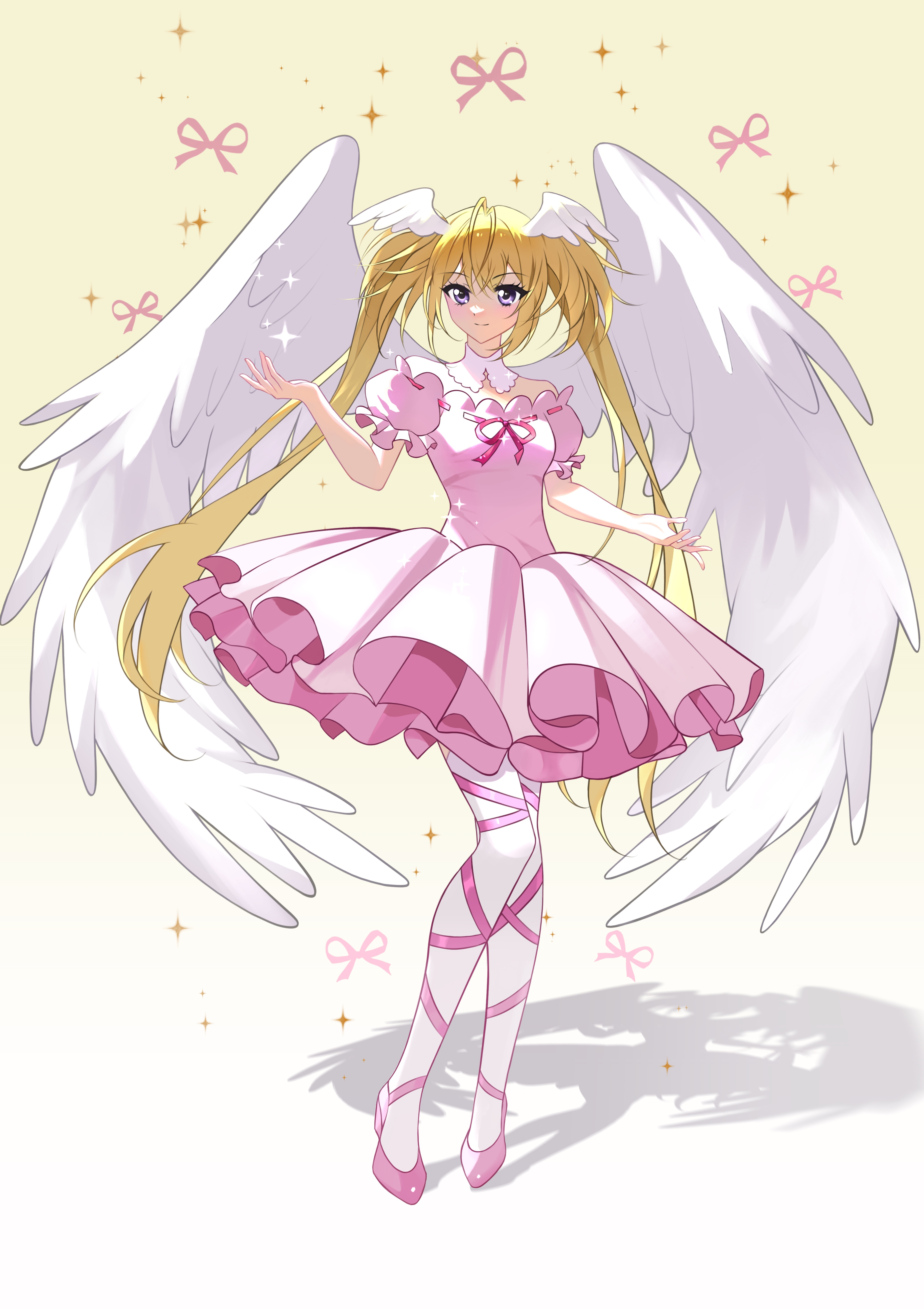 hoshina utau, seraphic charm, shugo chara!, absurdres, highres, 1girl, angel wings, balletcore, blonde hair, dress, feathered wings, full body, grey background, hand up, head wings, knees together feet apart, leg ribbon, long hair, pink dress, pink ribbon, puffy short sleeves, puffy sleeves, purple eyes, qingmang yelan, red shoes, ribbon, ribbon trim, shadow, shoes, short dress, short sleeves, solo, standing, thighhighs, twintails, white thighhighs, white wings, wings, yellow background