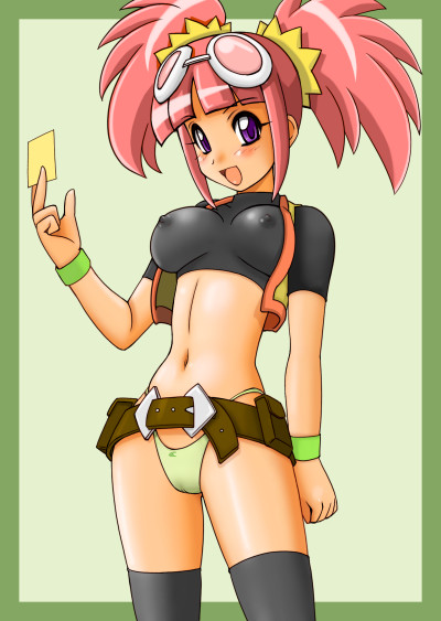 tsumitani daisuke, tatsuno malm, climax entertainment, dinosaur king, sega, 00s, 1girl, blush, breasts, cameltoe, card, cleavage, female focus, nipples, panties, pink hair, purple eyes, smile, solo, twintails, underwear