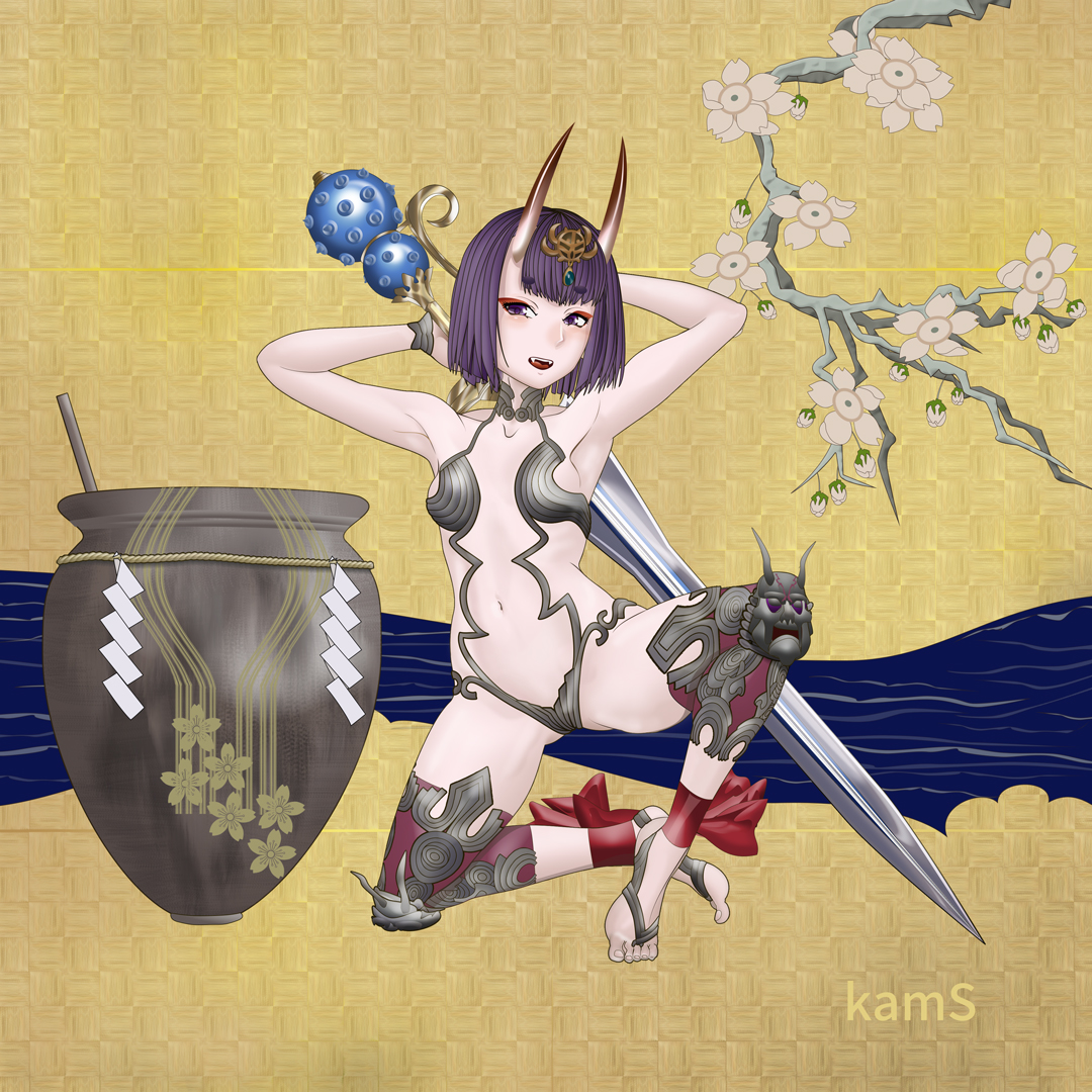 kams, shuten douji (fate), fate/grand order, fate (series), 1girl, armpits, arms behind head, breasts, eyeshadow, fang, horns, makeup, navel, oni, open mouth, petite, purple eyes, red eyeshadow, revealing clothes, rope, shimenawa, short hair, small breasts, solo, sword, weapon