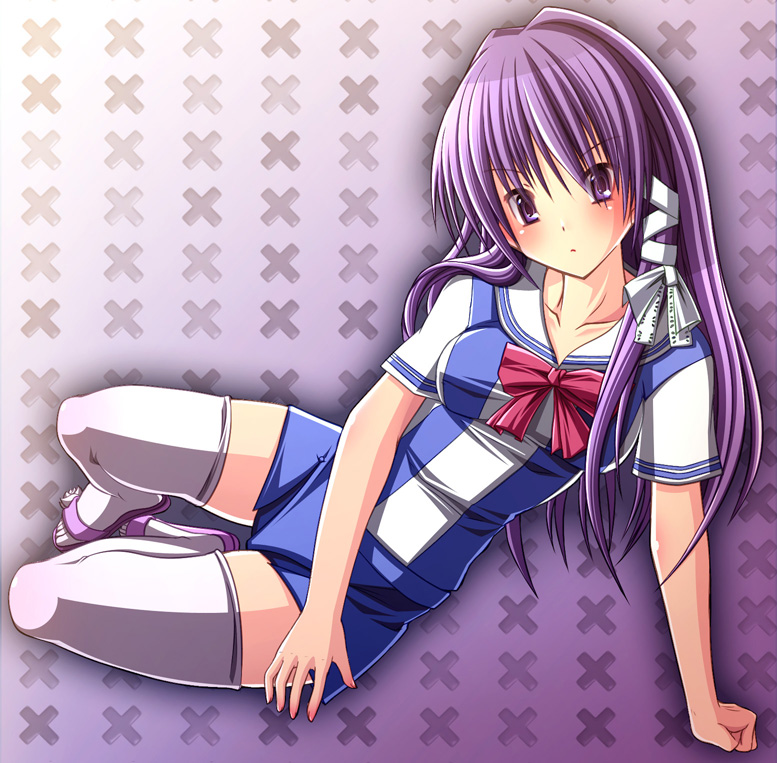 shin (applique), fujibayashi kyou, clannad, 00s, arm support, long hair, lying, on side, purple eyes, purple hair, sandals, school uniform, solo, thighhighs