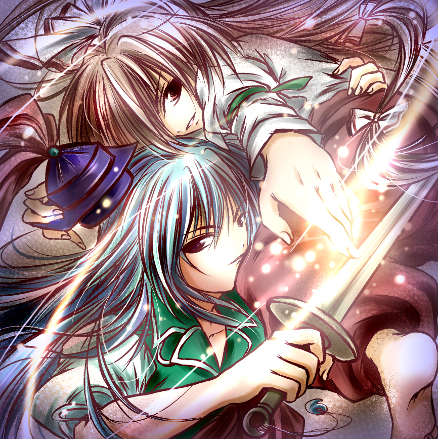 amamorient, fujiwara no mokou, kamishirasawa keine, touhou, 2girls, blue eyes, blue hair, bow, female focus, hair bow, hat, long hair, multiple girls, red eyes, sword, weapon