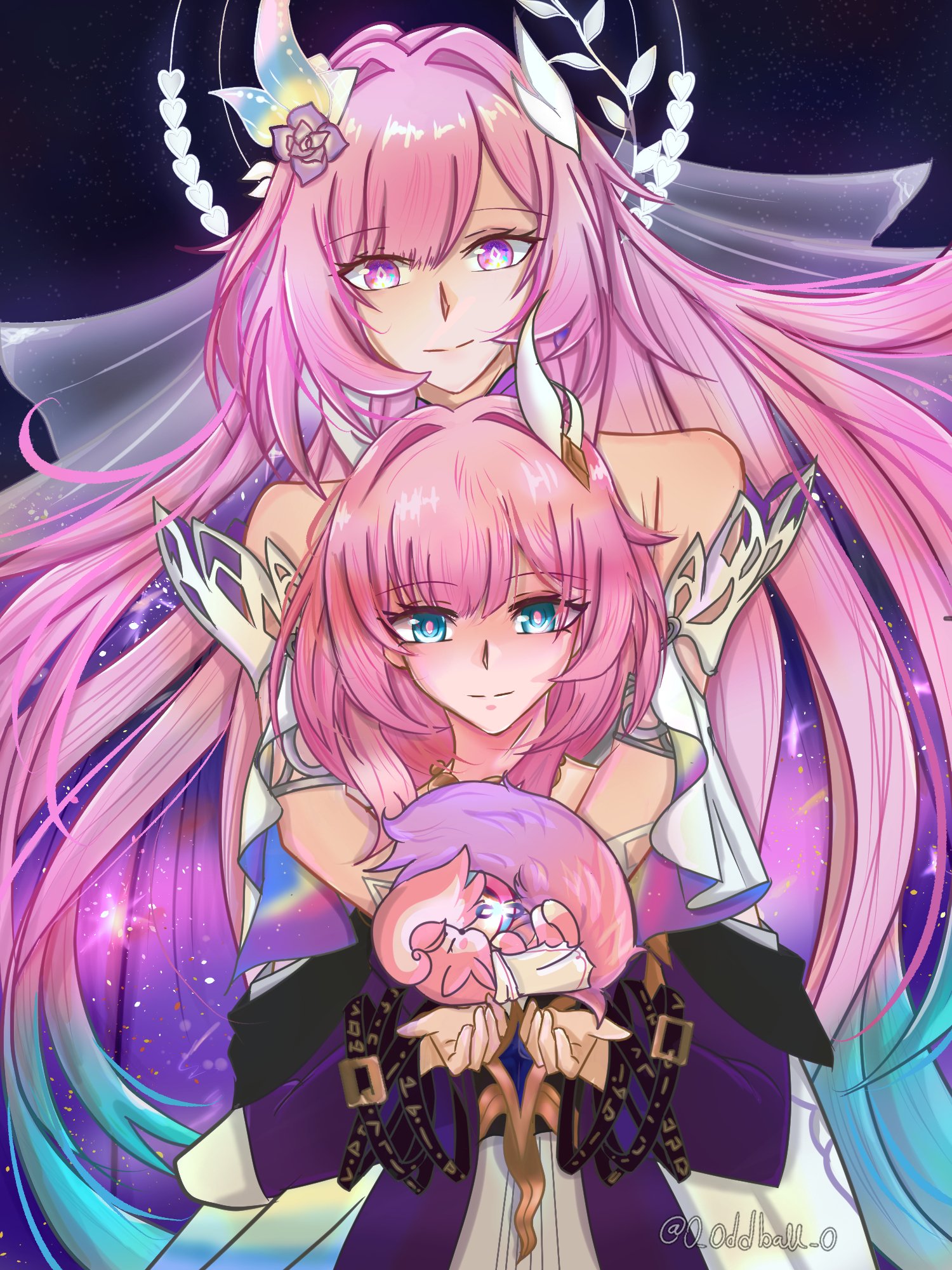 cyrene (demiurge) (honkai: star rail), cyrene (honkai: star rail), cyrene (philia093) (honkai: star rail), mem (honkai: star rail), honkai: star rail, honkai (series), commentary, english commentary, highres, 0 oddball 0, 2girls, aqua hair, bare shoulders, blue eyes, bridal veil, coat, diamond-shaped pupils, diamond (shape), dress, dual persona, flower, hair flower, hair intakes, hair ornament, halo, long hair, multicolored hair, multiple girls, pink hair, purple coat, purple eyes, symbol-shaped pupils, twitter username, veil, very long hair, white dress, white hair