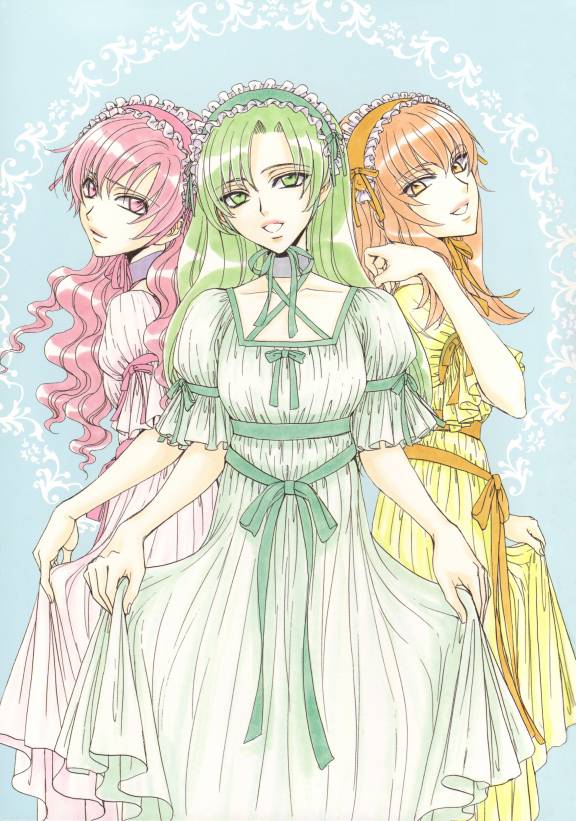 tsuda mikiyo, kouno tooru, shihoudani yuujirou, yutaka mikoto, princess princess, 00s, crossdressing, dress, green hair, long hair, orange hair, pink hair, trap