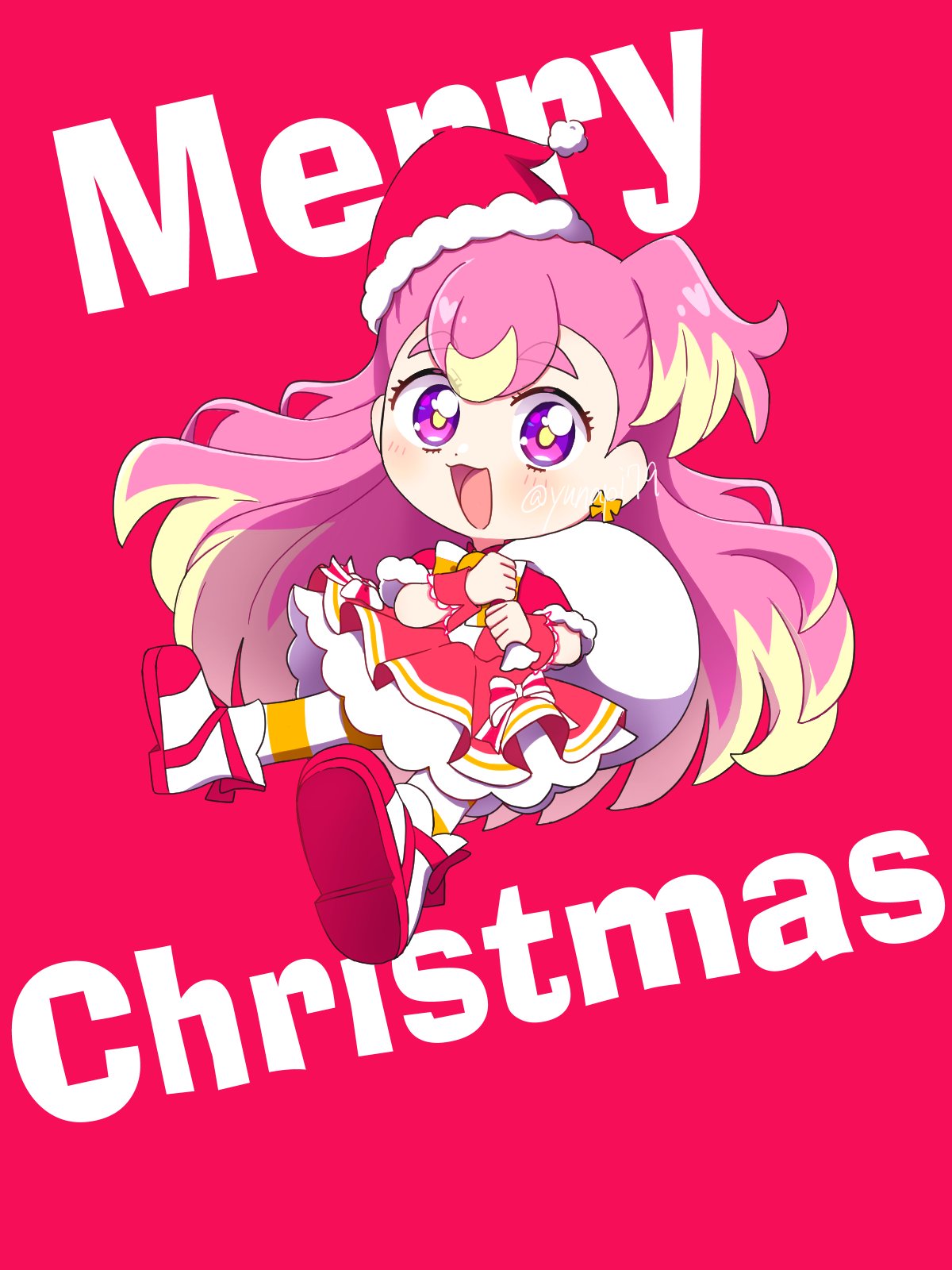 cure wonderful, inukai komugi, precure, wonderful precure!, commentary, english commentary, highres, 1girl, :d, adapted costume, alternate headwear, blonde hair, boots, bow, bright pupils, butterfly earrings, capelet, chest bow, chibi, chibi only, christmas, colored tips, dot nose, dress, dress bow, earrings, english text, frilled wrist cuffs, frills, full body, fur-trimmed capelet, fur-trimmed headwear, fur trim, hat, holding, holding sack, jewelry, layered dress, long hair, looking at viewer, magical girl, merry christmas, multicolored bow, multicolored hair, multicolored pantyhose, open mouth, pantyhose, pink hair, purple eyes, red background, red bow, red capelet, red dress, red hat, red theme, red trim, sack, sack behind back, santa hat, shoe soles, short dress, simple background, smile, solo, striped bow, striped clothes, striped pantyhose, thick eyebrows, tilted headwear, twitter username, two-tone hair, two-tone pantyhose, two side up, very long hair, white pantyhose, wrist cuffs, yellow pantyhose, yellow pupils, yunapi79