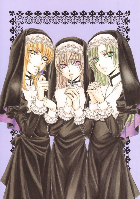 kouno tooru, shihoudani yuujirou, yutaka mikoto, princess princess, 00s, blonde hair, cross, crossdressing, green hair, long hair, nun, pink hair, trap