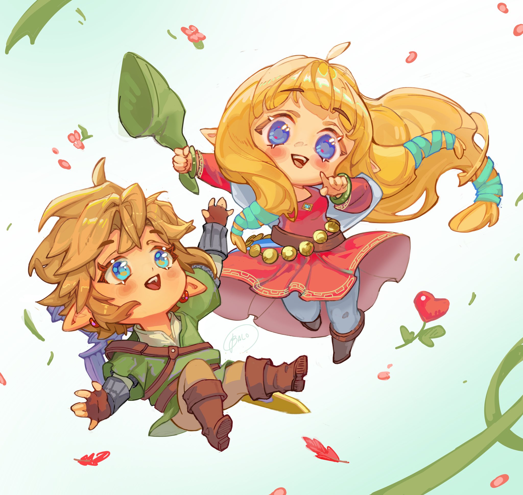 balo badartist, link, princess zelda, nintendo, the legend of zelda, the legend of zelda: skyward sword, highres, 1boy, 1girl, ahoge, aqua eyes, blonde hair, blue eyes, blunt bangs, blush, boots, brown boots, brown gloves, brown pants, chibi, chibi only, dress, falling leaves, fingerless gloves, floating, gloves, green hat, green ribbon, green tunic, grey pantyhose, hair ribbon, hat, holding, holding unworn clothes, holding unworn hat, leaf, long dress, long hair, looking at another, low-tied long hair, open mouth, pants, pantyhose, phrygian cap, pink dress, pointy ears, ribbon, short hair, sidelocks, smile, tunic, unworn hat, unworn headwear