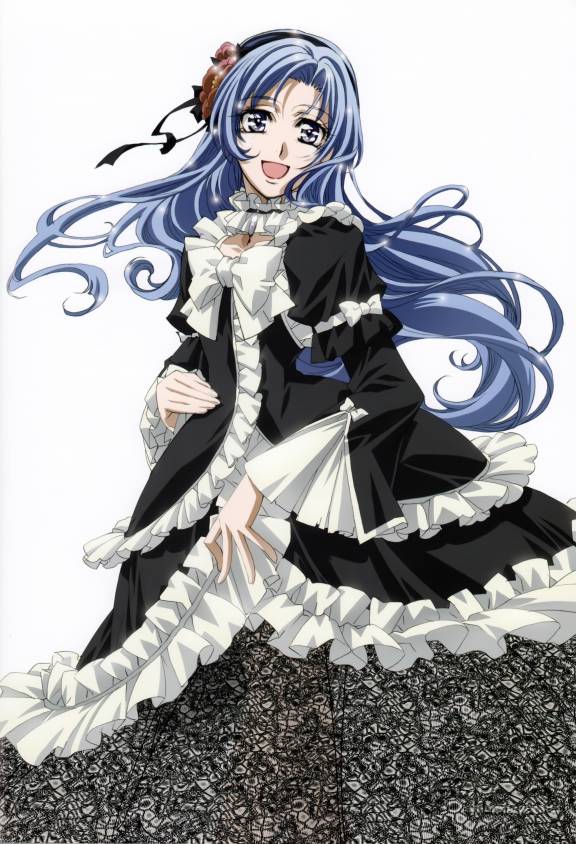 nakajima atsuko, kouno tooru, princess princess, official art, 00s, 1boy, androgynous, blue eyes, blue hair, crossdressing, crossdressing (mtf), dress, flower, hair flower, hair ornament, long hair, male focus, matching hair/eyes, rose, skirt, solo, trap