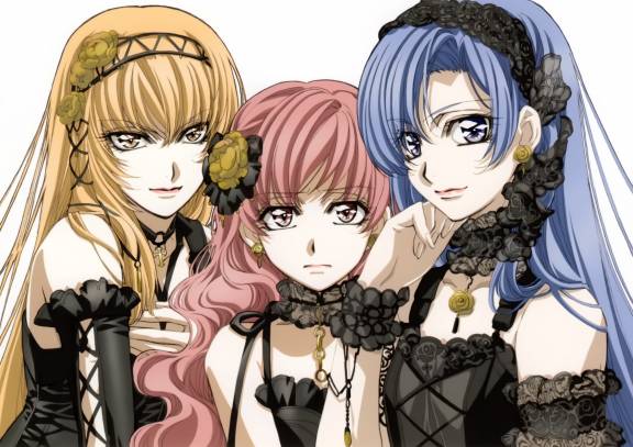 nakajima atsuko, kouno tooru, shihoudani yuujirou, yutaka mikoto, princess princess, 00s, 3boys, androgynous, blonde hair, blue eyes, blue hair, crossdressing, crossdressing (mtf), eyeliner, lace, long hair, makeup, male focus, multiple boys, pink eyes, pink hair, trap, yellow eyes
