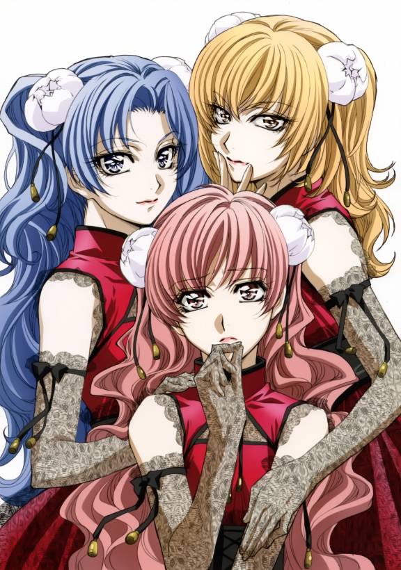 nakajima atsuko, kouno tooru, shihoudani yuujirou, yutaka mikoto, princess princess, 00s, 3boys, androgynous, blonde hair, blue hair, crossdressing, crossdressing (mtf), long hair, male focus, multiple boys, pink hair, trap