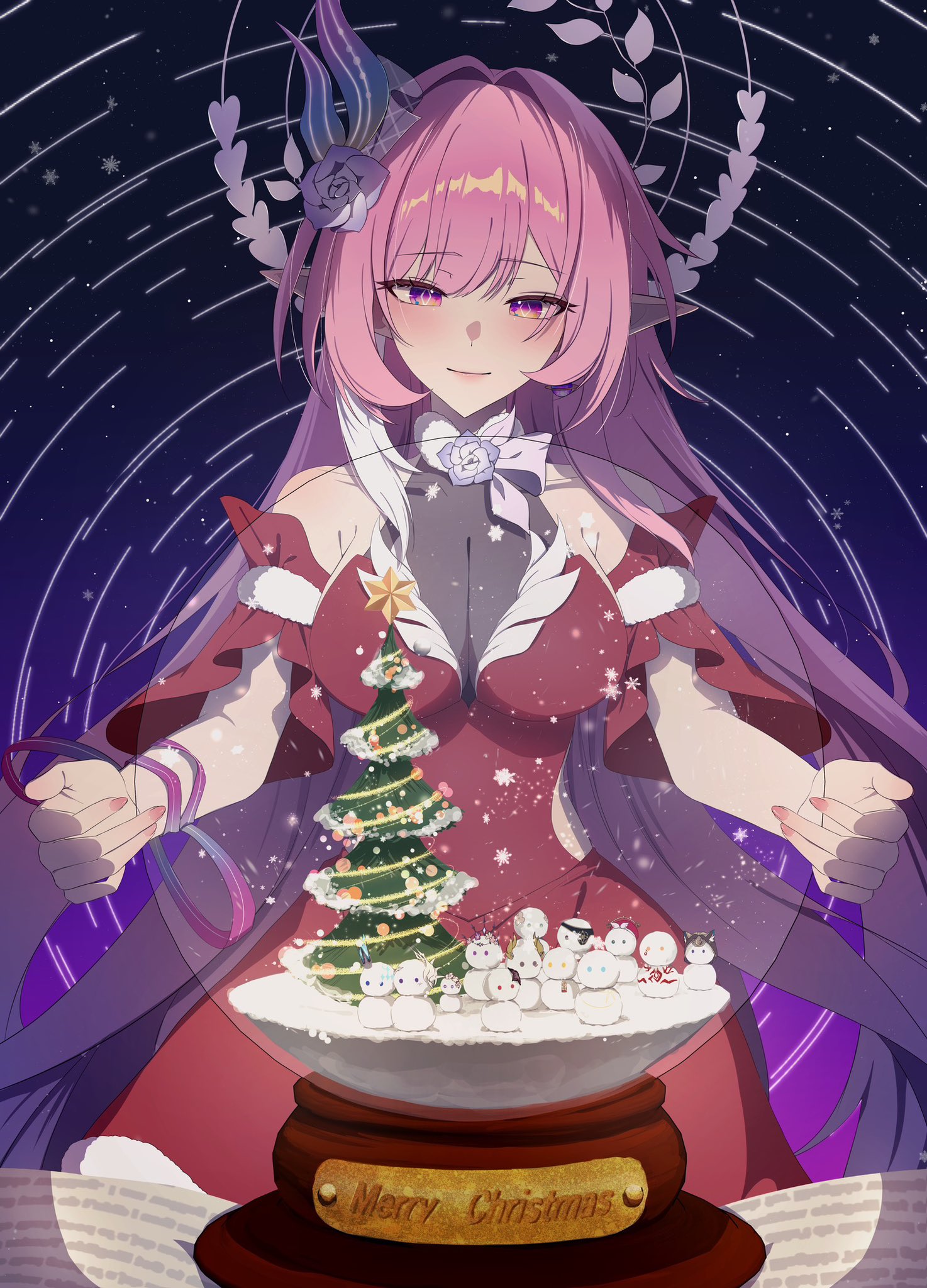 aglaea (honkai: star rail), anaxa (honkai: star rail), castorice (honkai: star rail), cerydra (honkai: star rail), cipher (honkai: star rail), cyrene (demiurge) (honkai: star rail), cyrene (honkai: star rail), dan heng (honkai: star rail), dan heng (permansor terrae) (honkai: star rail), evernight (honkai: star rail), hyacine (honkai: star rail), hysilens (honkai: star rail), march 7th (honkai: star rail), mydei (honkai: star rail), phainon (honkai: star rail), trailblazer (honkai: star rail), tribbie (honkai: star rail), honkai: star rail, honkai (series), character snowman, commentary, highres, symbol-only commentary, 1girl, breasts, christmas tree, chrysos heirs (honkai: star rail), diamond-shaped pupils, diamond (shape), dress, hair intakes, halo, large breasts, long hair, merry christmas, multicolored hair, o yuuuuu5, pink hair, purple eyes, red dress, santa costume, santa dress, see-through cleavage, see-through clothes, sky, snowman, solo, star (sky), starry sky, symbol-shaped pupils, two-tone hair, very long hair, white hair