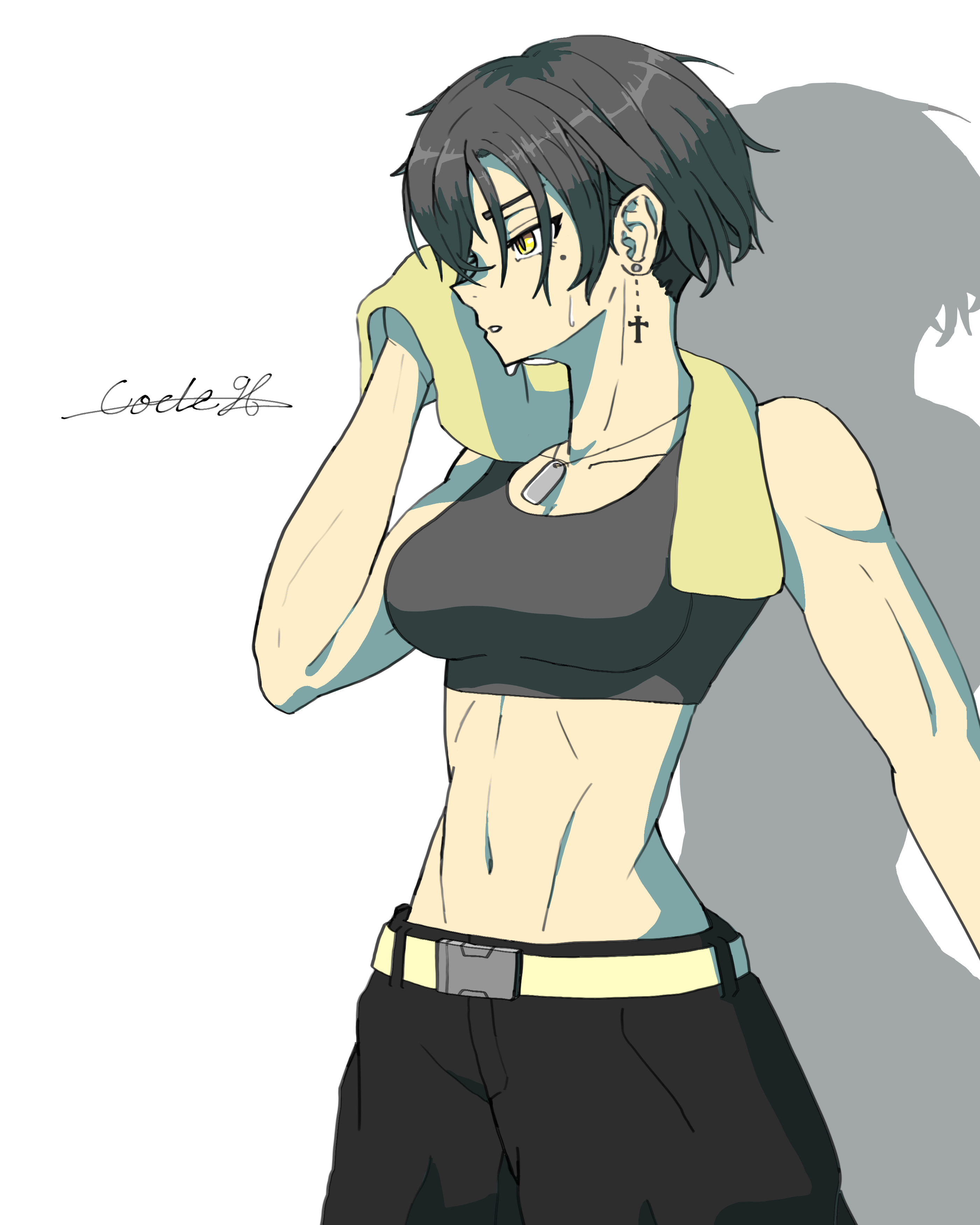 original, absurdres, commentary request, highres, 1girl, abs, belt, black hair, black pants, black sports bra, code-96, cross, cross earrings, earrings, eyelashes, jewelry, mole, mole under eye, navel, necklace, pants, shadow, short hair, signature, simple background, solo, sports bra, stomach, sweat, tomboy, toned, toned female, very short hair, white background, white belt, wiping face, wiping sweat, yellow eyes
