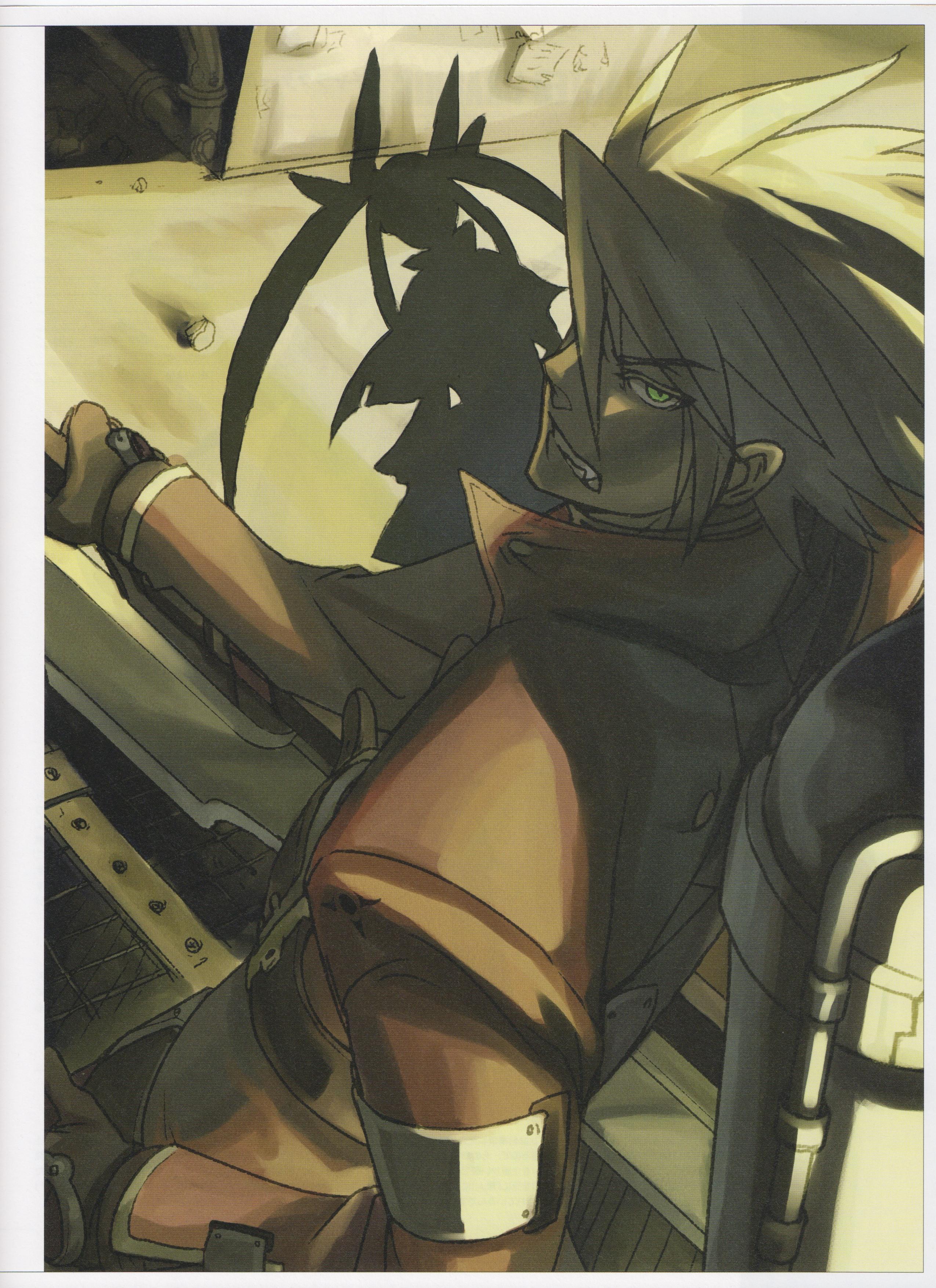 rachel alucard, ragna the bloodedge, arc system works, blazblue, silver hair, absurdres, highres, official art, scan, 1boy, green eyes, shadow, silhouette, twintails