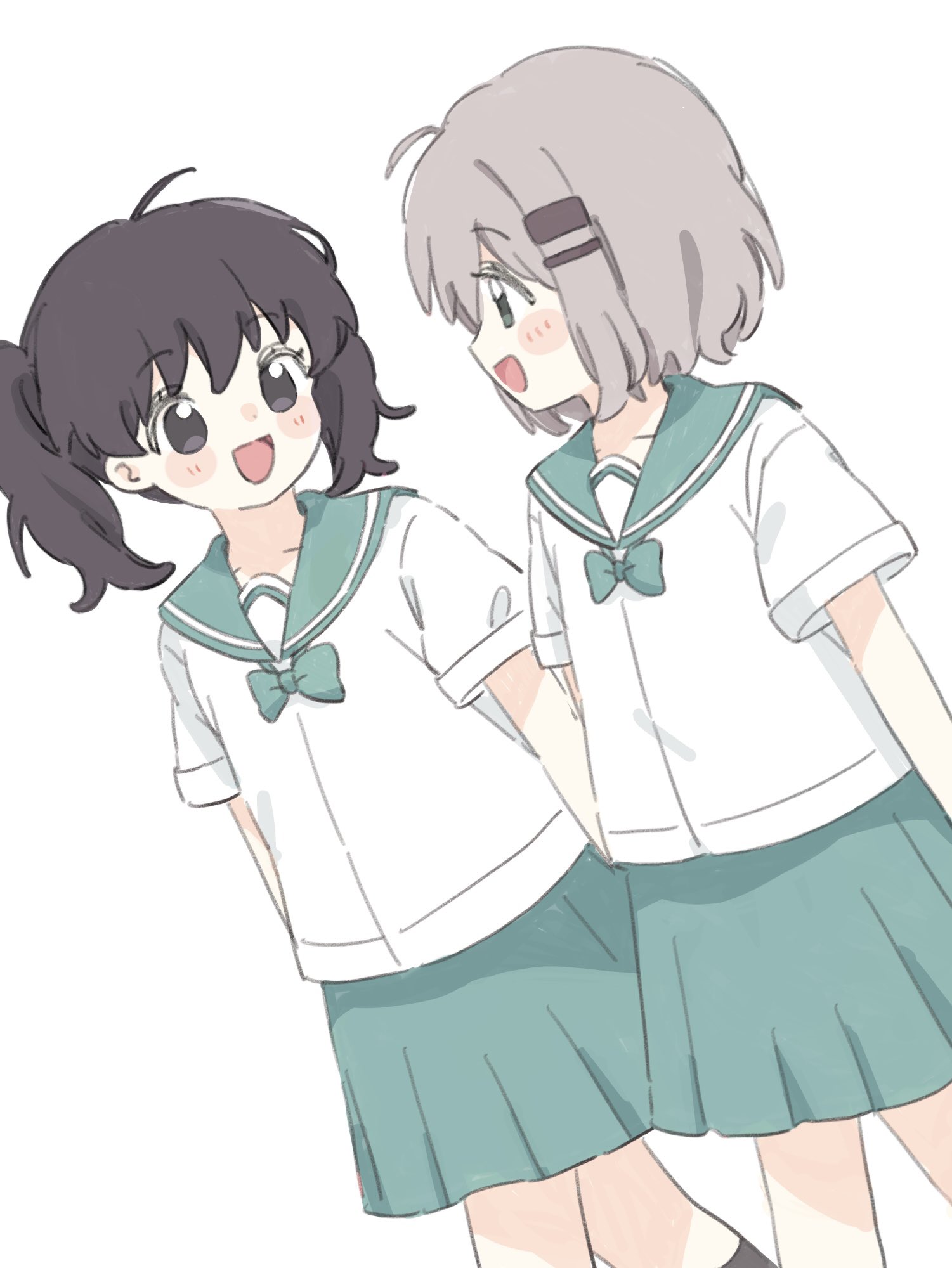 cha (ntrikti), kuraue hinata, yukimura aoi, yama no susume, highres, 2girls, :d, aqua bow, aqua bowtie, aqua sailor collar, aqua skirt, black hair, blush, bow, bowtie, dutch angle, green eyes, grey hair, medium hair, multiple girls, open mouth, sailor collar, school uniform, shirt, short hair, short sleeves, simple background, skirt, smile, twintails, white background, white shirt