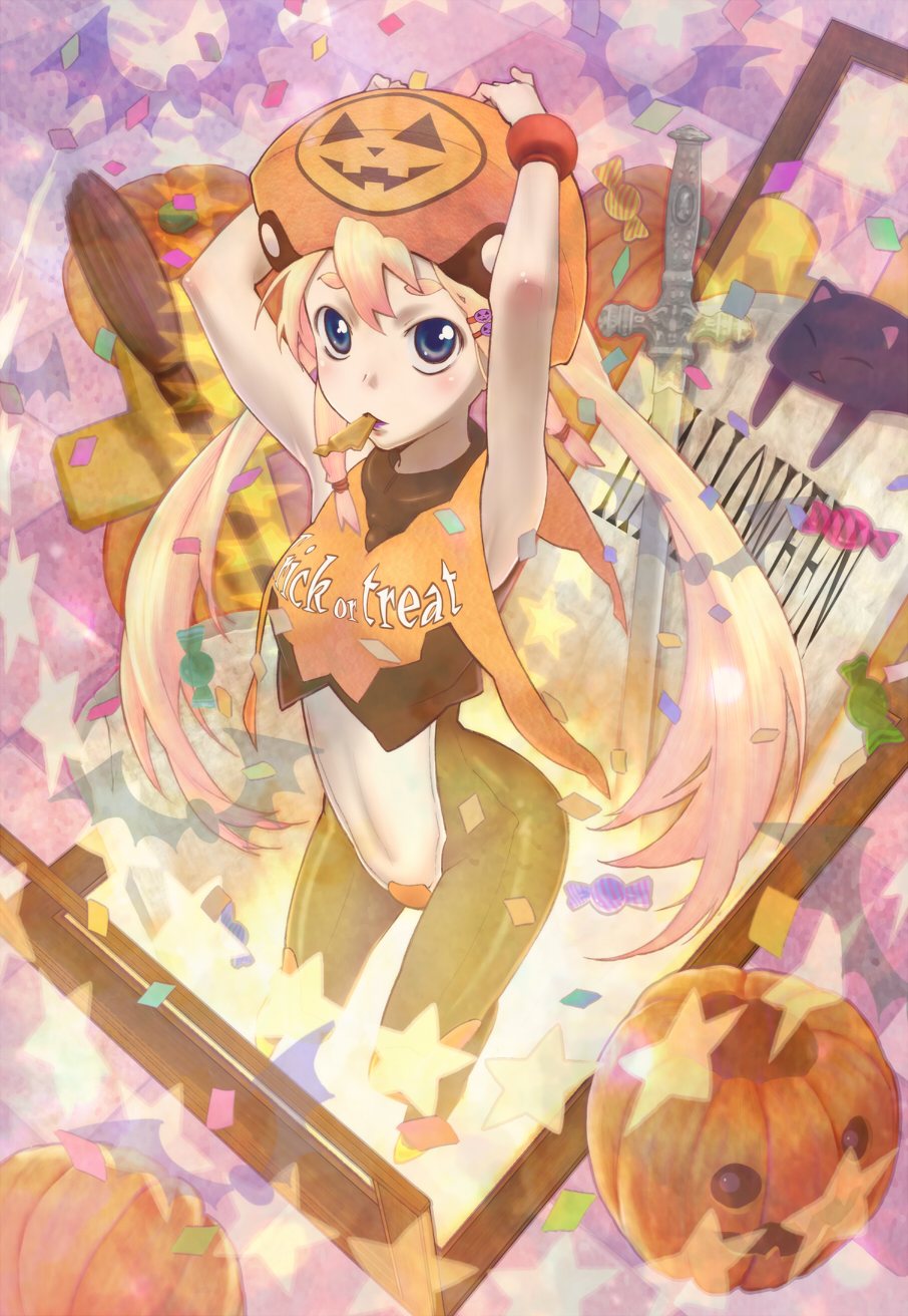 pandaun, original, highres, 1girl, arms up, blue eyes, candy, female focus, food, hair ornament, hairclip, halloween, hat, jack-o'-lantern, mouth hold, orange hair, pumpkin, solo, star (symbol), sword, trick or treat, twintails, weapon