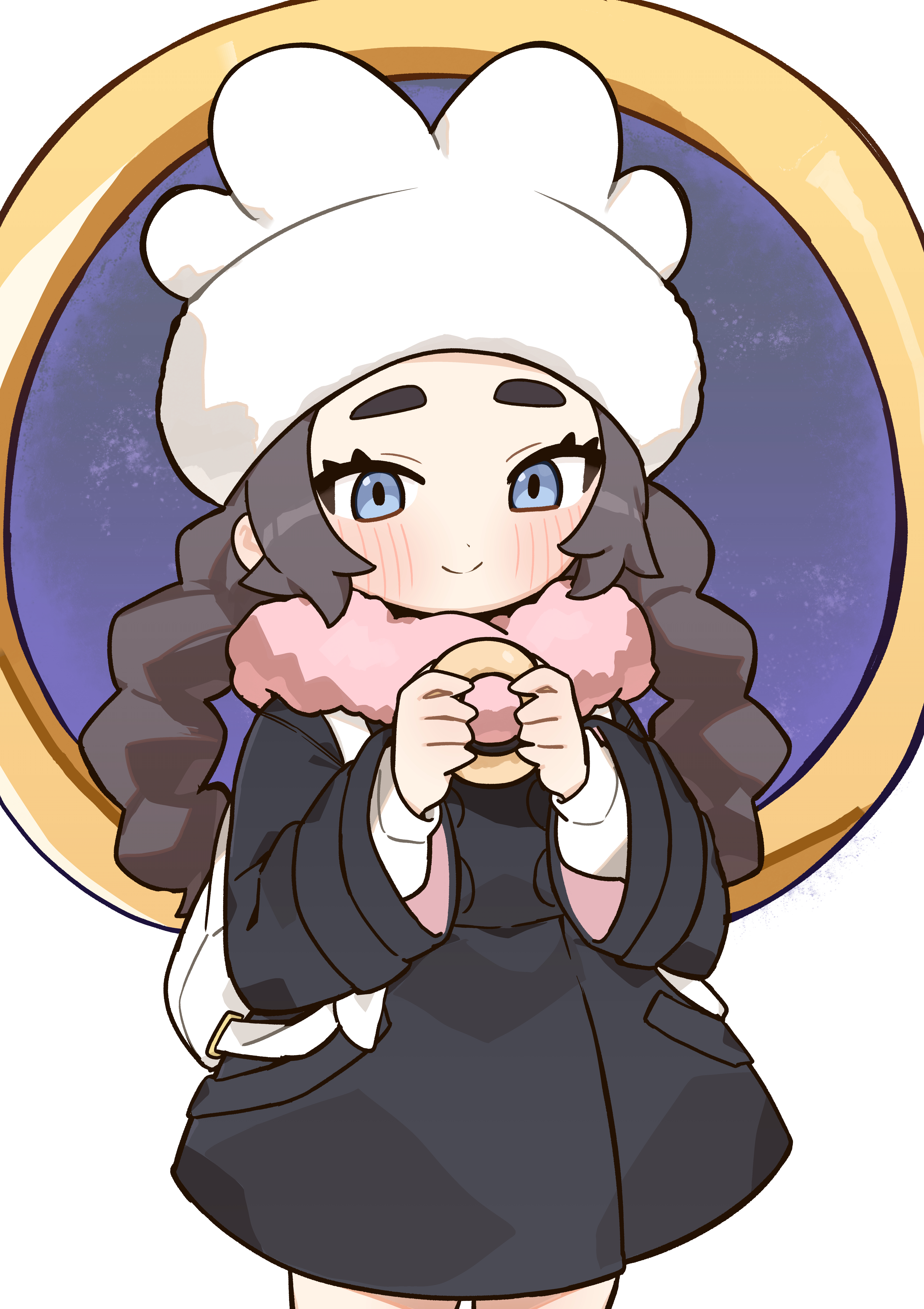 yuateheng, ansha (pokemon), nintendo, pokemon, pokemon legends: z-a, absurdres, commentary request, highres, 1girl, backpack, bag, black coat, blue eyes, blush, closed mouth, coat, cowboy shot, donut, eyelashes, food, grey hair, holding, holding donut, holding food, long hair, long sleeves, portal (object), simple background, smile, solo, thick eyebrows, white background, white bag
